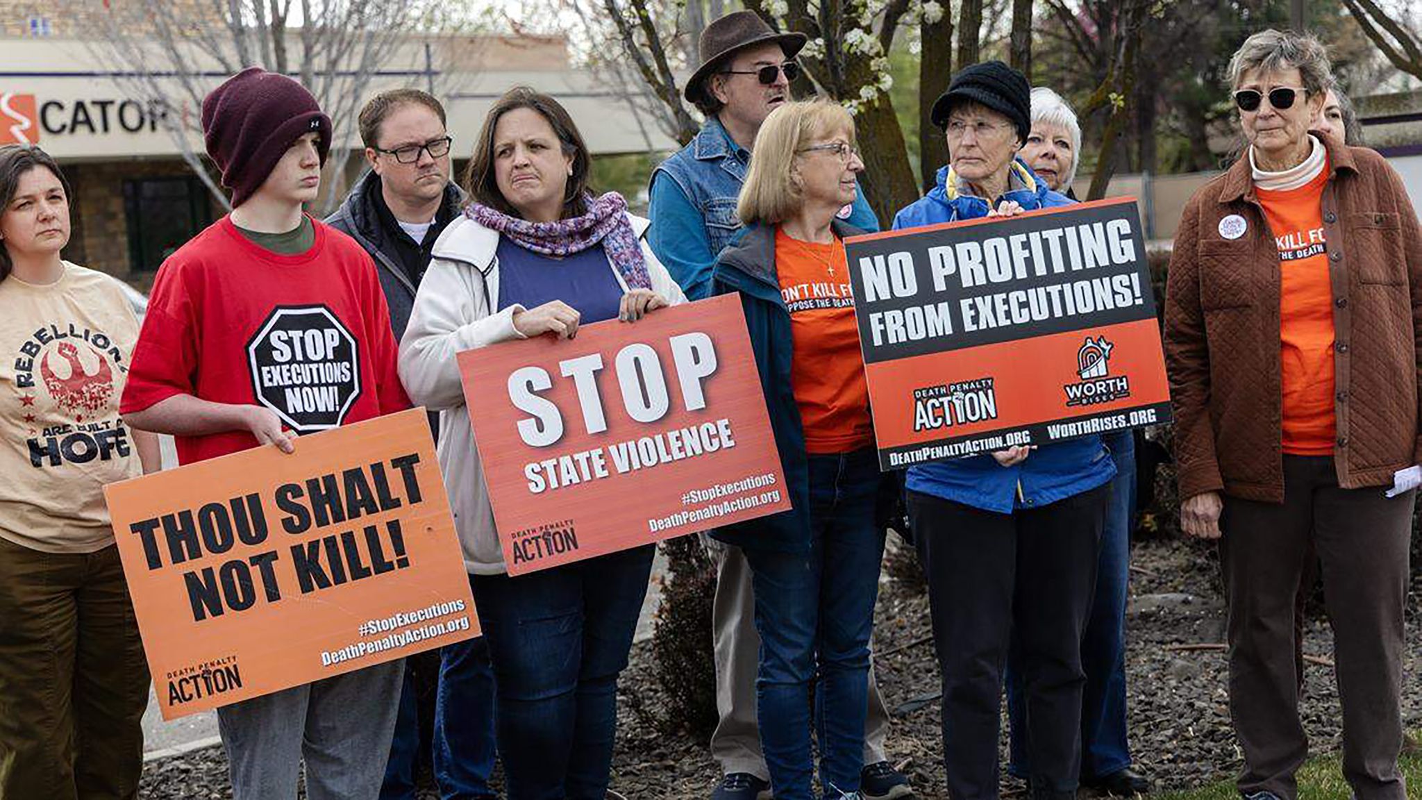 Protesters gathered at Cator Ruma and Associates, a Boise engineering firm contracted to design Idaho’s new firing squad execution chamber. Idaho’s prison system has nearly completed execution chamber upgrades to carry out the death penalty by firing squad as the state’s lead method and will have a team of riflemen ready to go by the time a state law takes effect this summer. (Sarah A. Miller/Idaho Statesman/TNS)