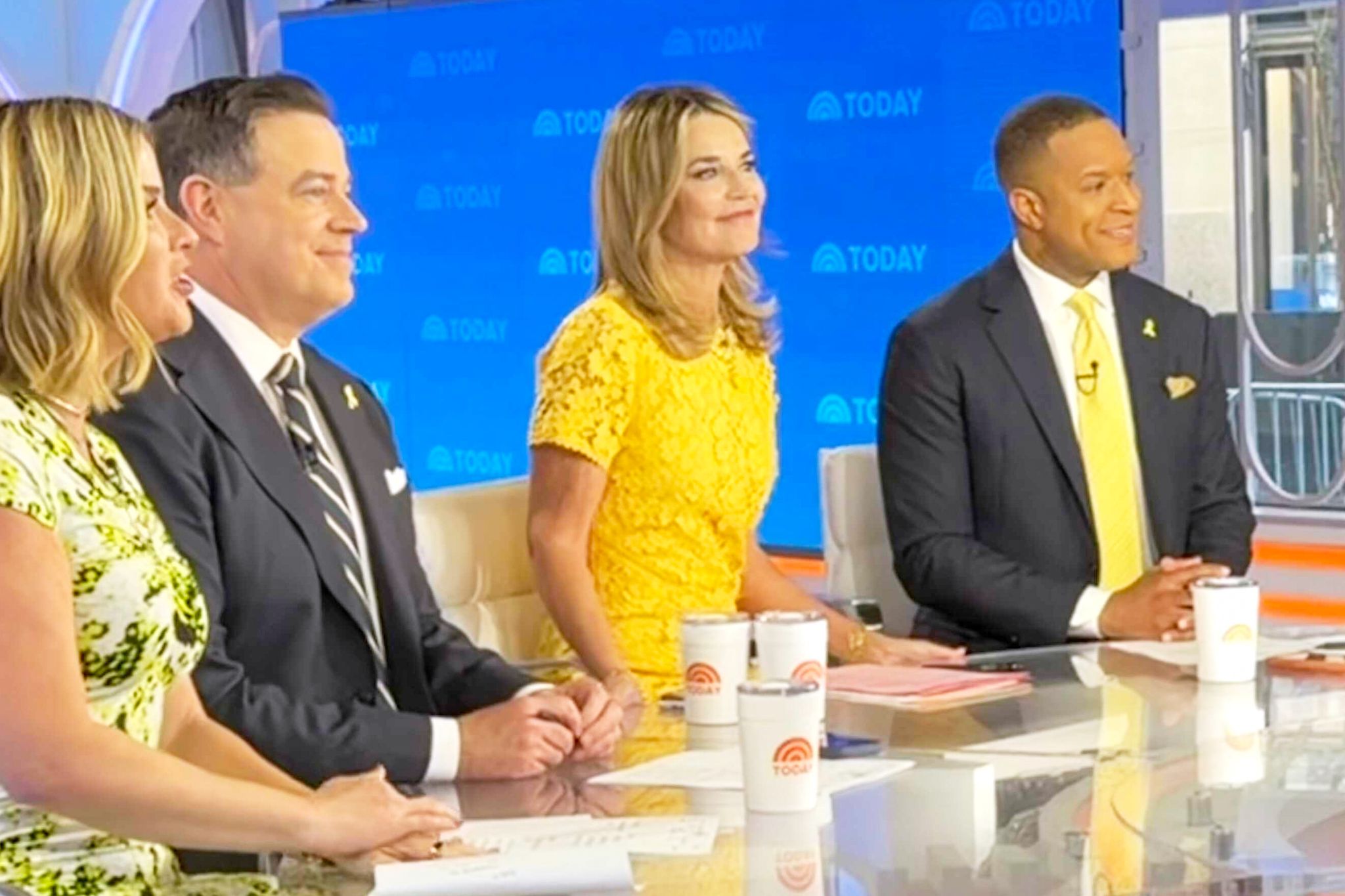 Savannah Guthrie, center, with colleagues, left to right: Jenna Bush Hager, Carson Daly and Craig Melvin during the Today show in New York on Monday. (NBC/Today via AP)