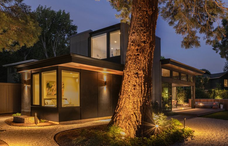 The long and narrow structure sits beside a large sequoia tree on the Magnolia property. (Rafael Soldi / Courtesy of DeForest Architects)