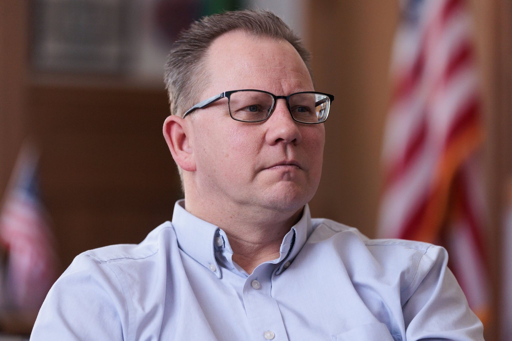 Chris Reykdal, the state superintendent of public instruction, is photographed at his offices in Olympia on March 7, 2024. (Erika Schultz / The Seattle Times)