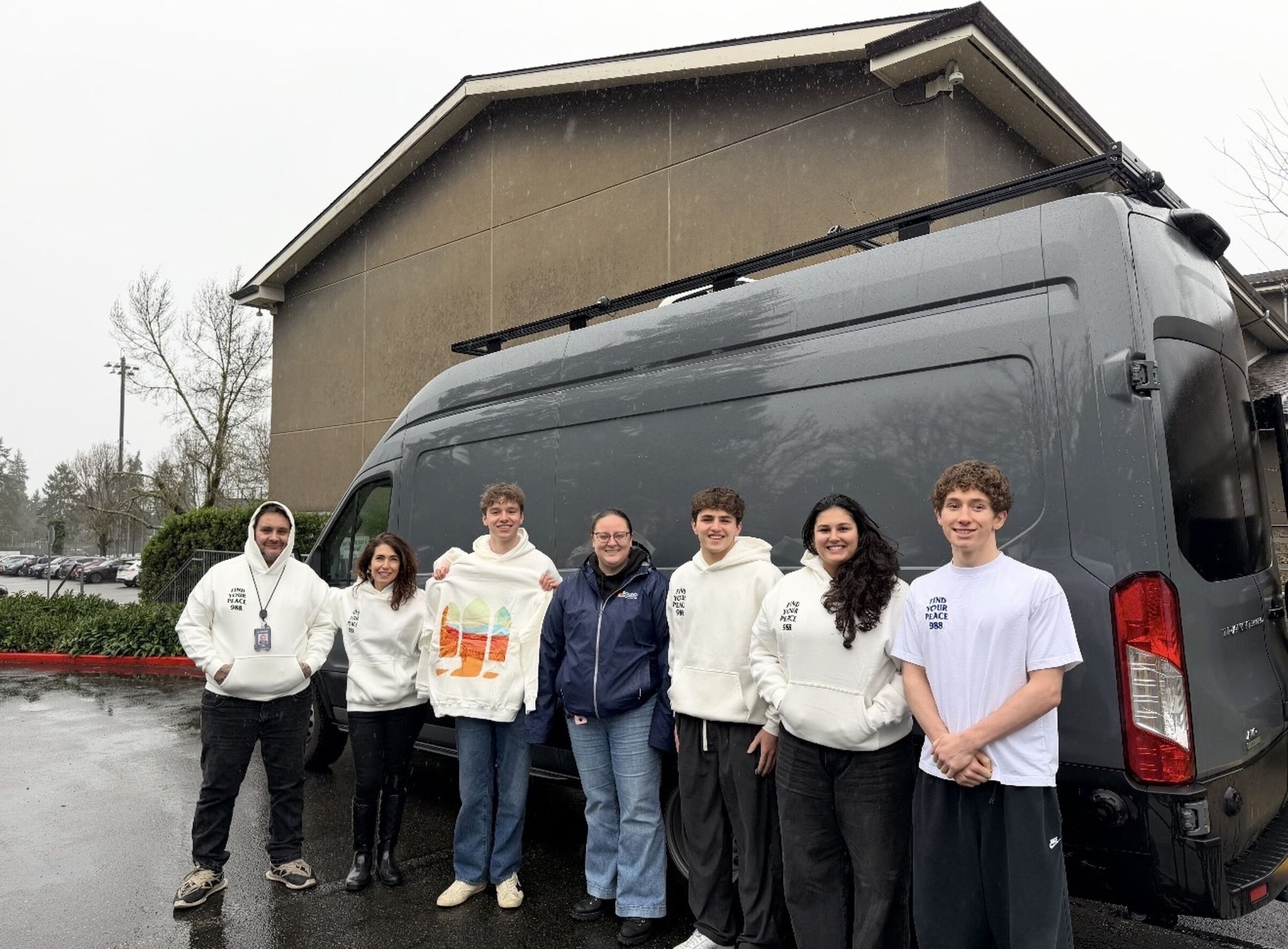 Students who created 988 Find Your Peace met with Sound Behavioral Health’s mobile crisis team in January 2026. Profits from clothing sales are donated to Sound. (Provided by Ronan Buckley)