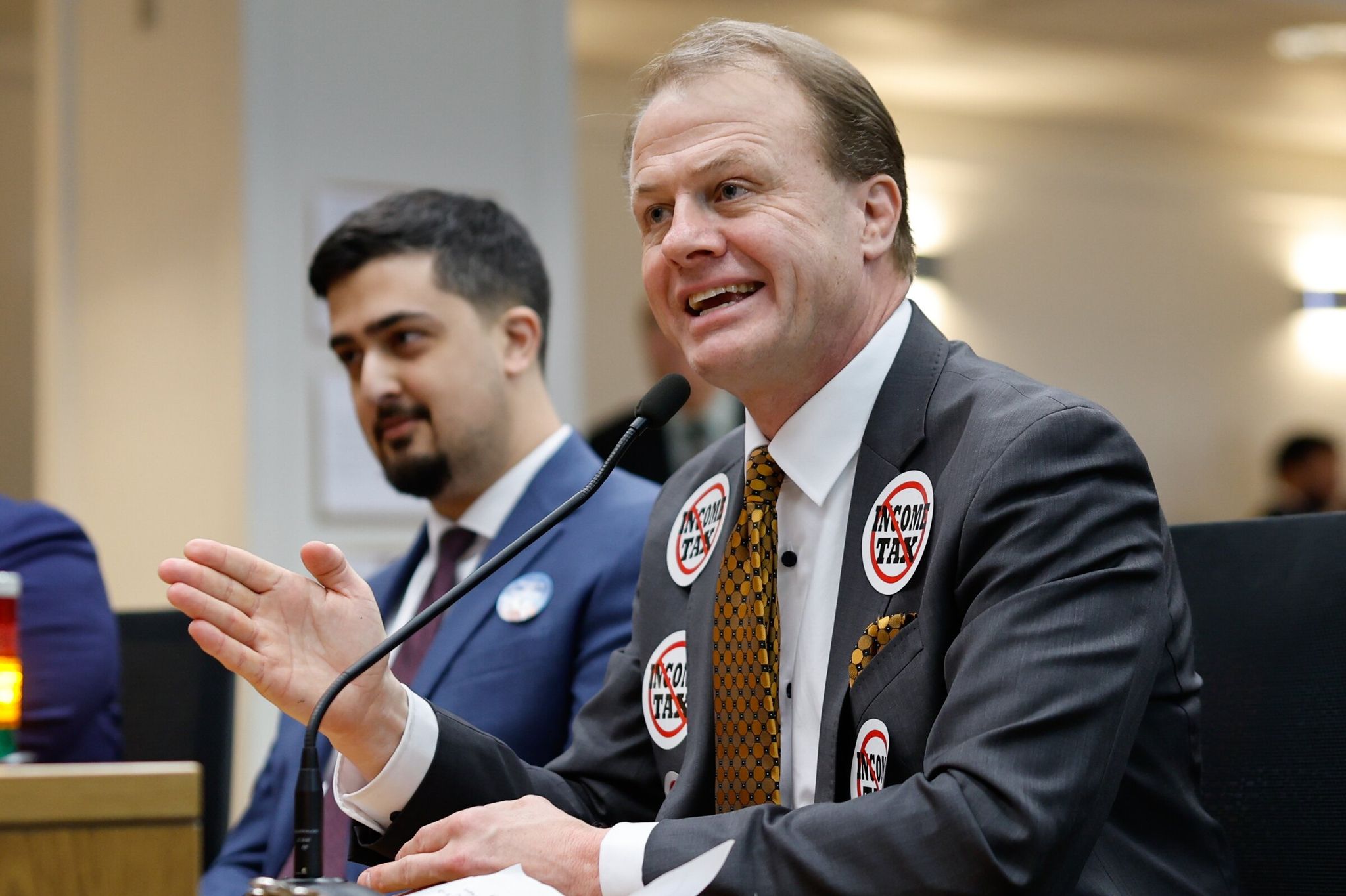 Tim Eyman, an anti-tax advocate and initiative promoter speaks during the first public hearing on the proposed “millionaires tax” before the state Senate Ways and Means Committee in Olympia on Feb. 6. (Karen Ducey / The Seattle Times)