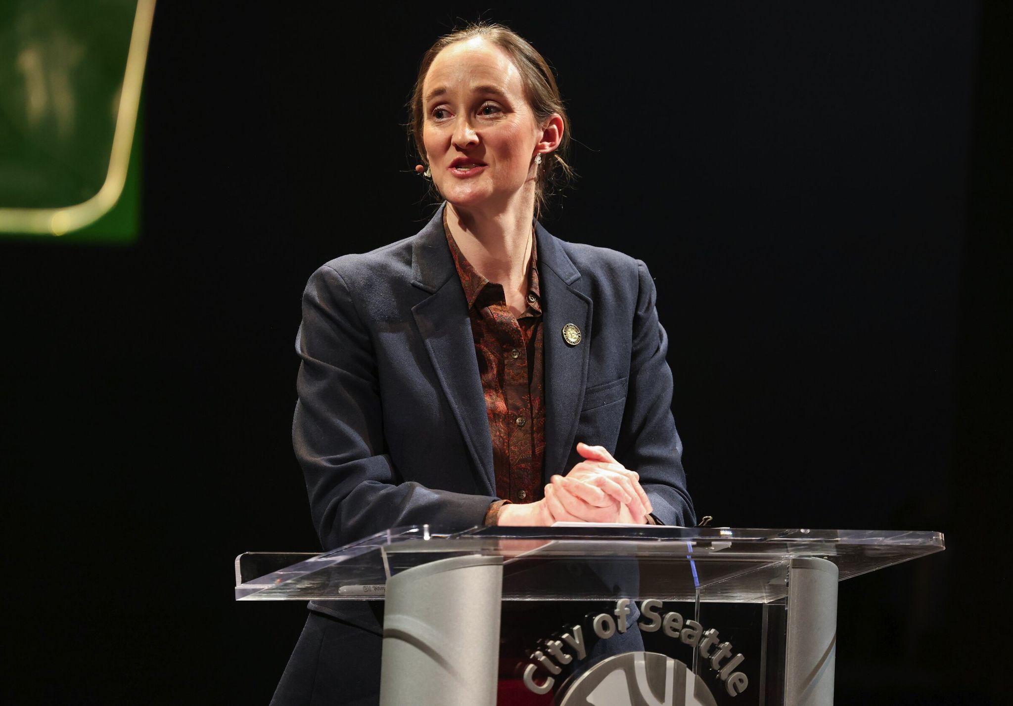 Mayor Katie Wilson gives her first State of the City address Feb. 17 in Seattle. (Ken Lambert / The Seattle Times)
