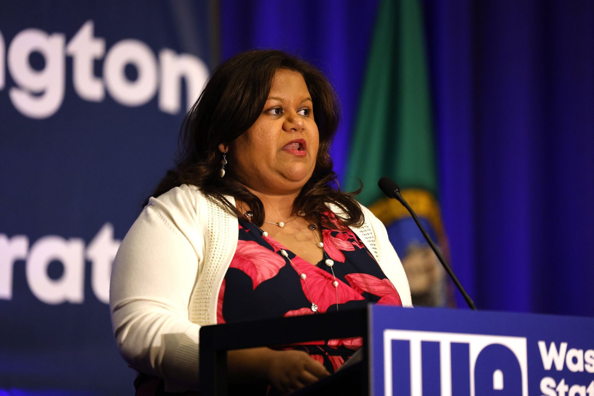 Shasti Conrad, chair of the Washington State Democrats, speaks at the Washington State Democratic Party convention at the Meydenbauer Center in Bellevue on June 22, 2024. (Karen Ducey / The Seattle Times)