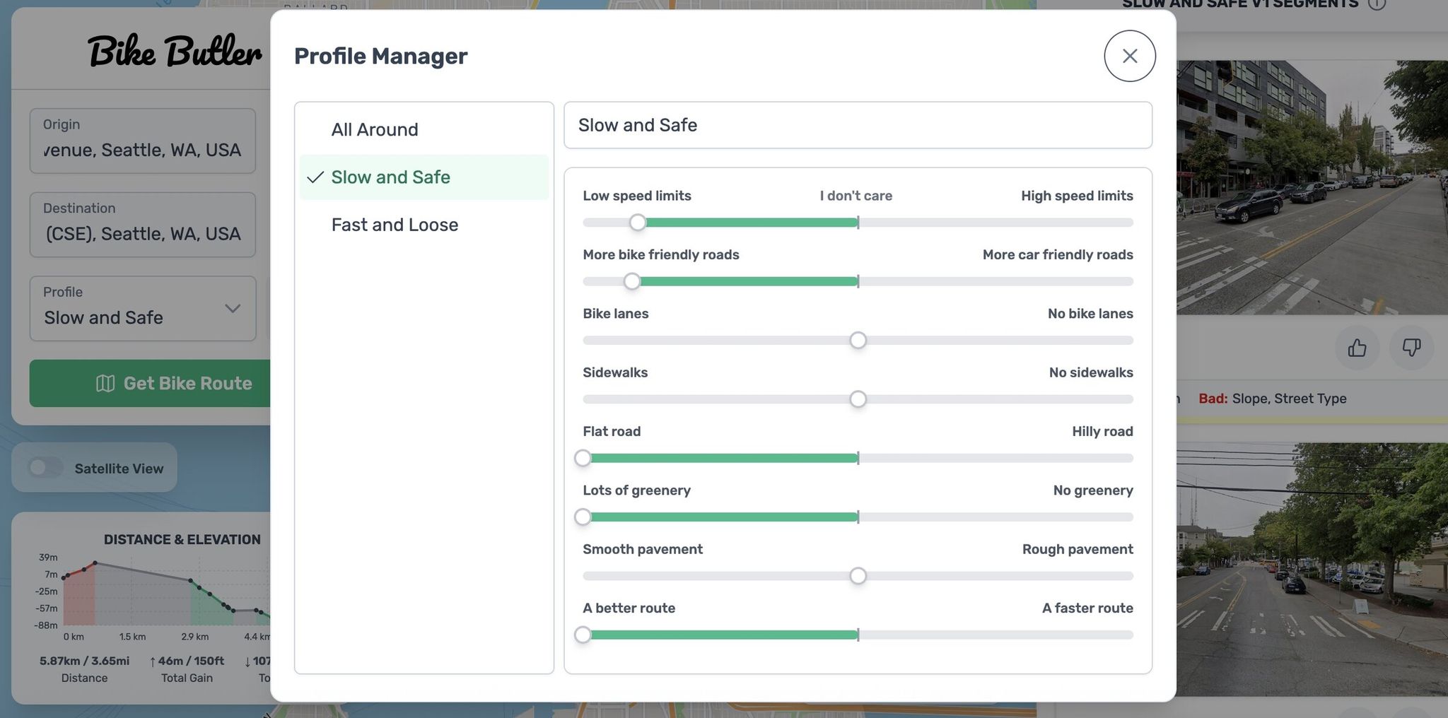 This screen shows the customizable factors, demonstrating Bike Butler’s route personalization. (Bike Butler)