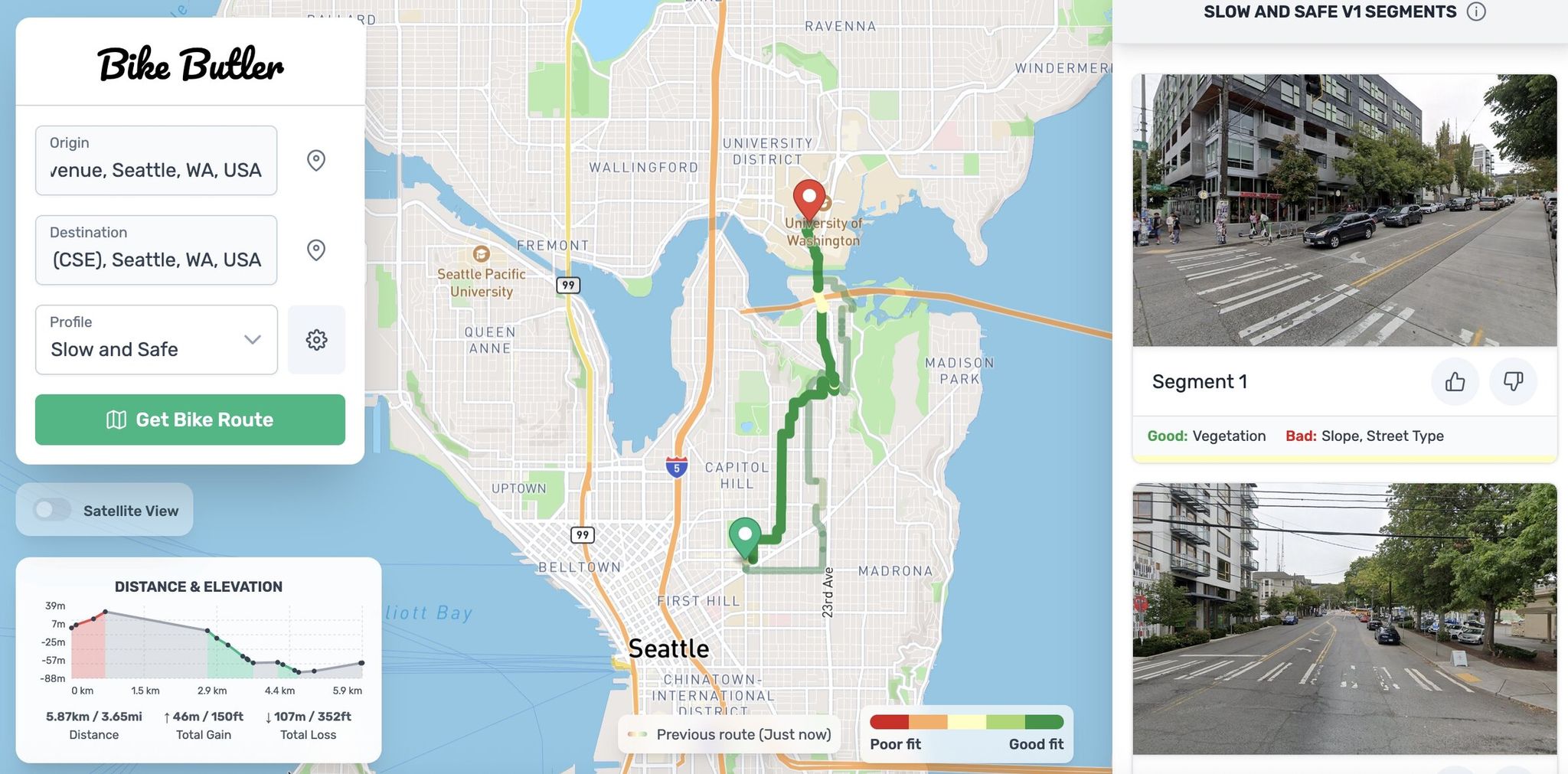 This overview screen shows the route, segment photos, and elevation change in Bike Butler, which, like other mapping apps, lets users get point-to-point directions. (Bike Butler)