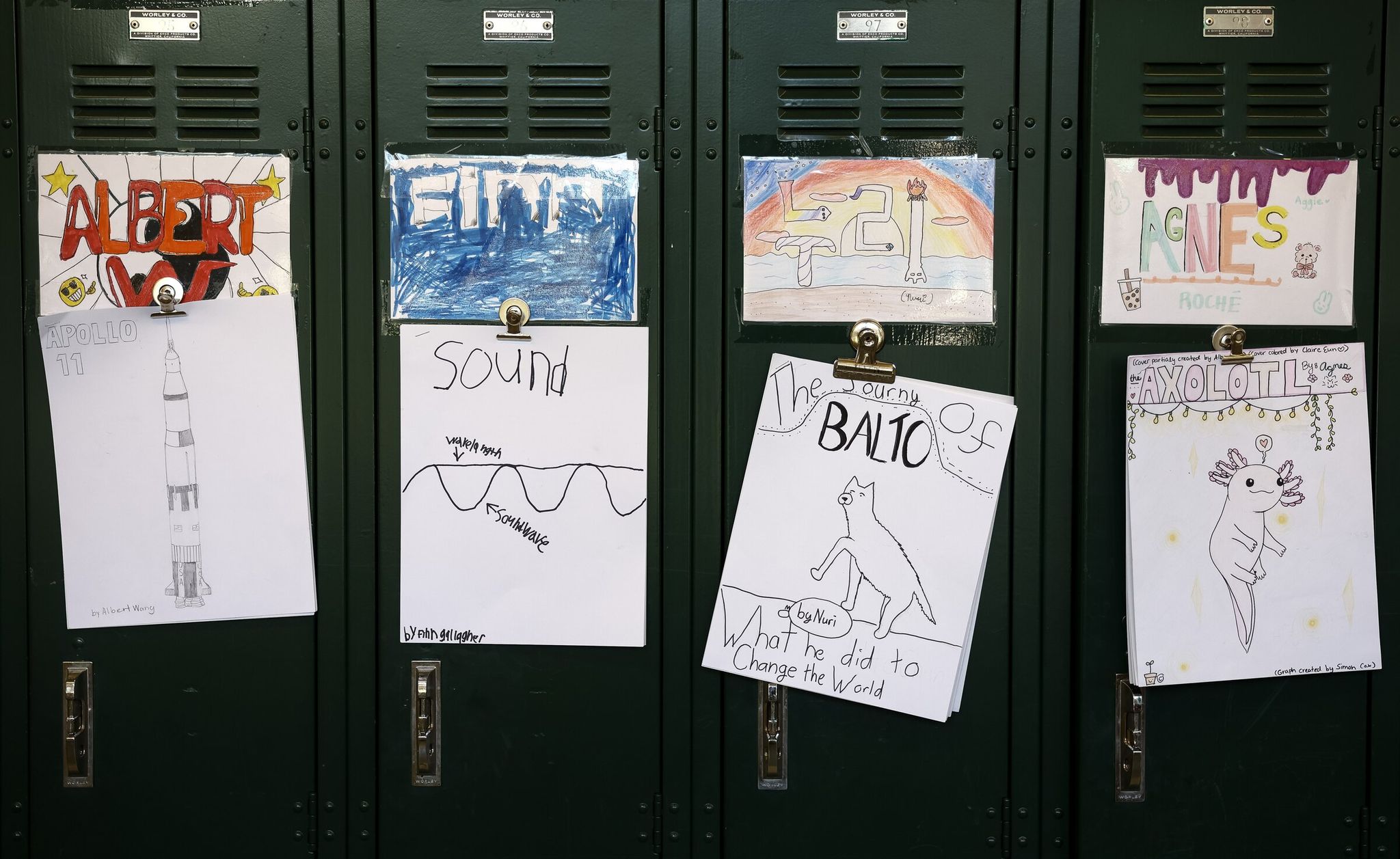 Student work and name stickers mark lockers at Decatur Elementary on Monday. (Nick Wagner / The Seattle Times)