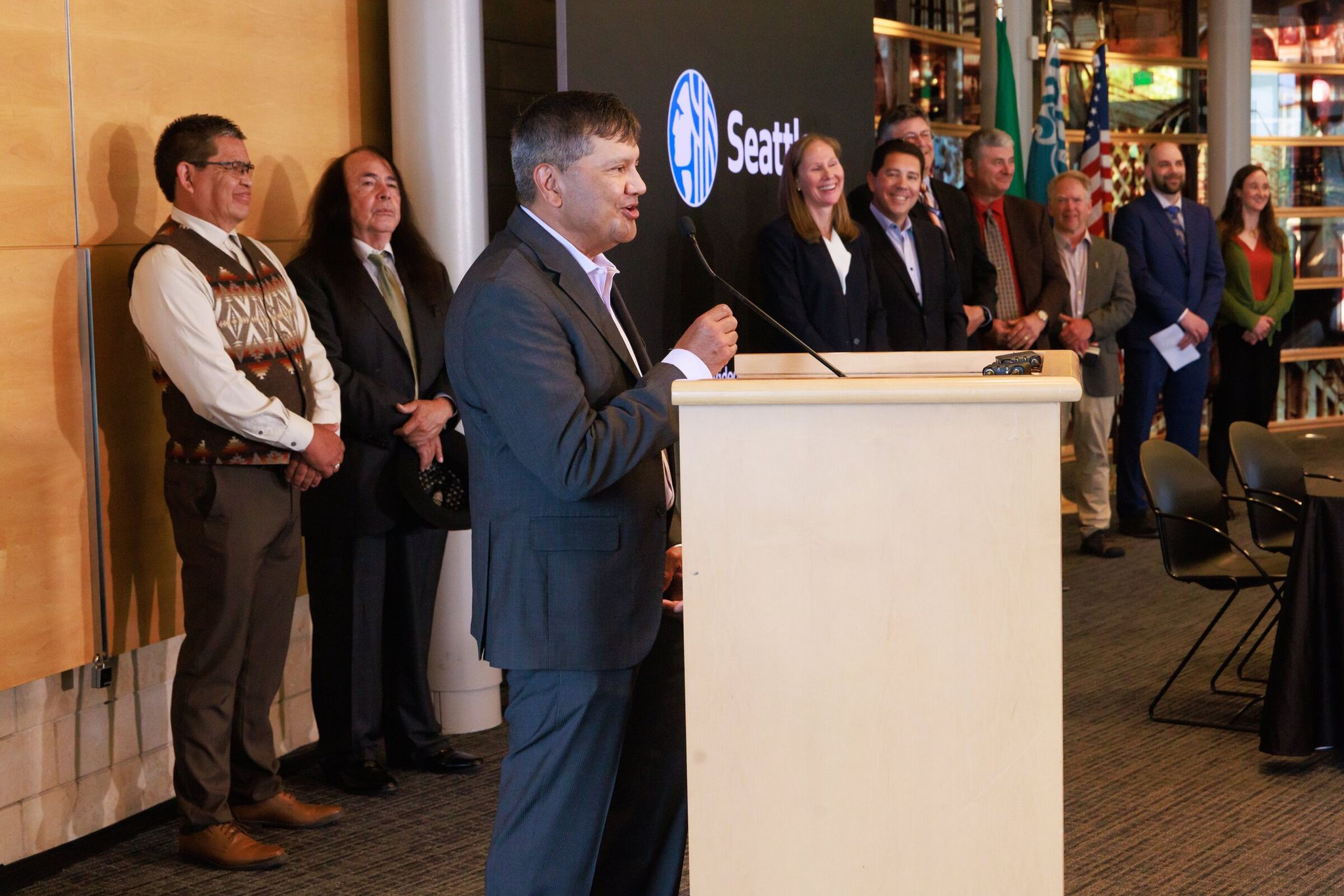 Scott Schuyler, an Upper Skagit elder who helmed negotiations with the city of Seattle, speaks during a ceremony marking the completion of an agreement for the Skagit River Hydroelectric Project at Seattle City Hall on Tuesday. (Erika Schultz / The Seattle Times)
