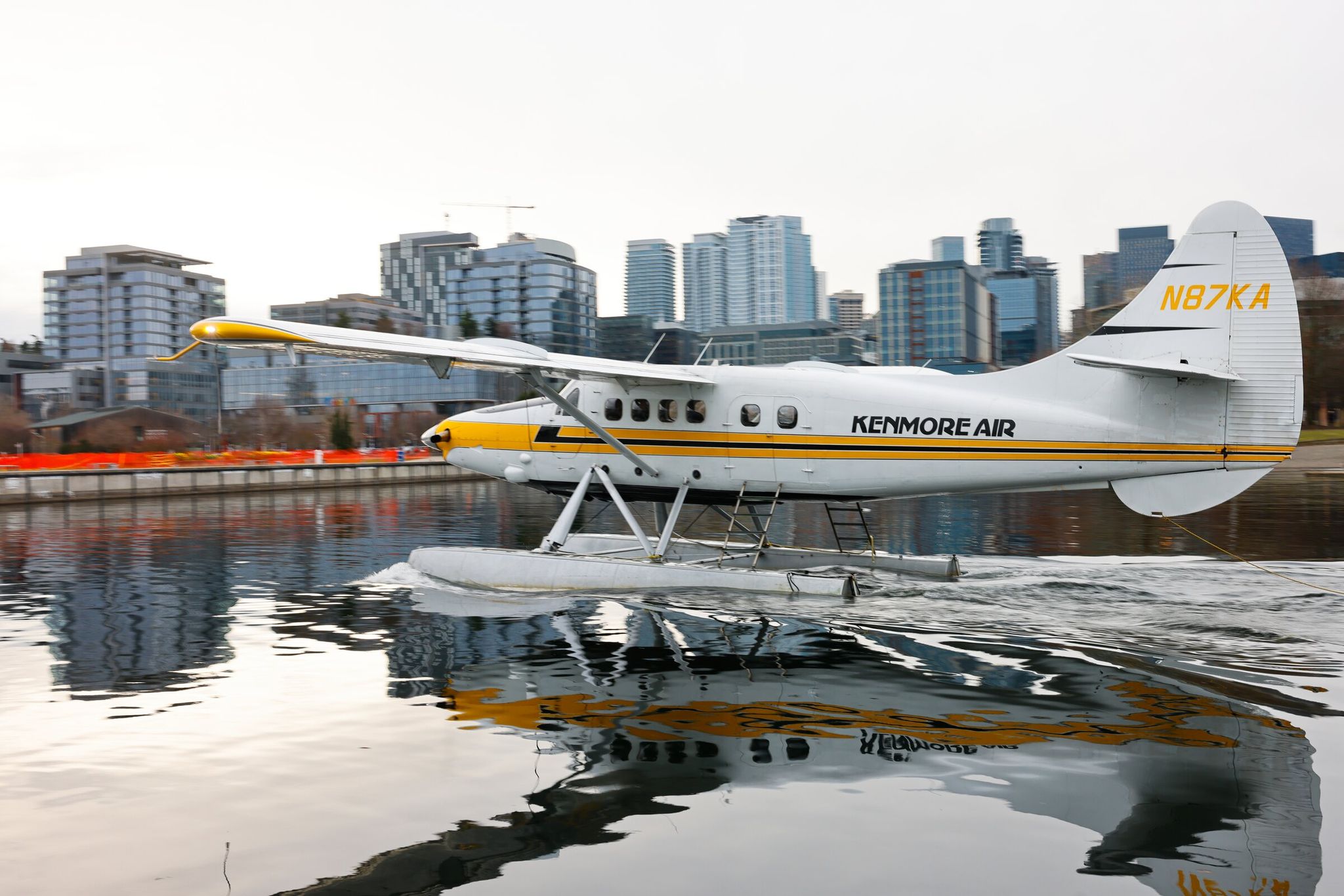 A de Havilland Otter floatplane operated by Kenmore Air, taxis toward the runway in the middle of the Lake Union as it heads to Victoria, B.C., on Feb. 21. (Karen Ducey / The Seattle Times)