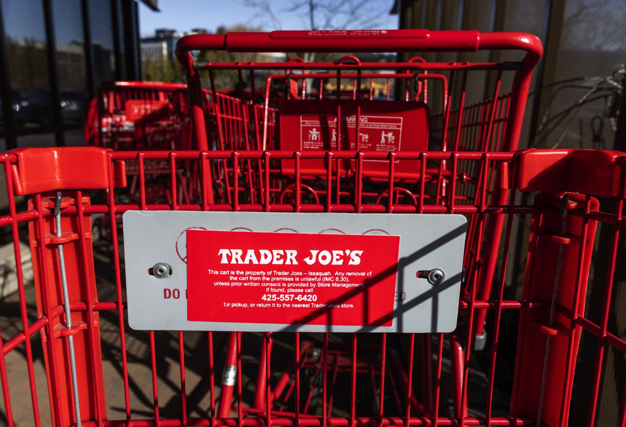 Trader Joe’s grocery carts at Issaquah Commons shopping center. (Ken Lambert / The Seattle Times, 2023)