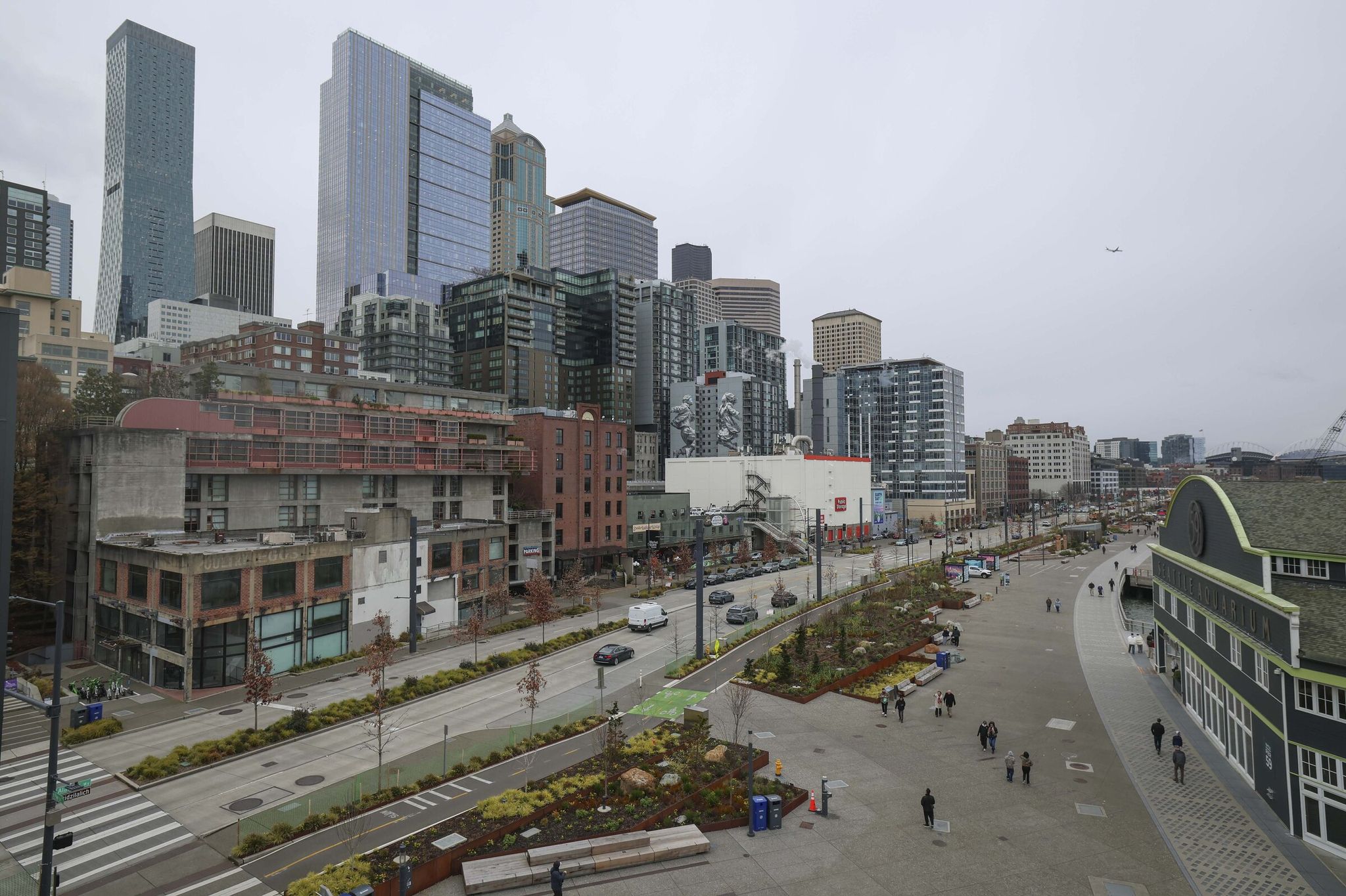 Downtown Seattle and the Seattle Waterfront pictured from Overlook Walk on Thursday, March 12. (Ivy Ceballo / The Seattle Times)
