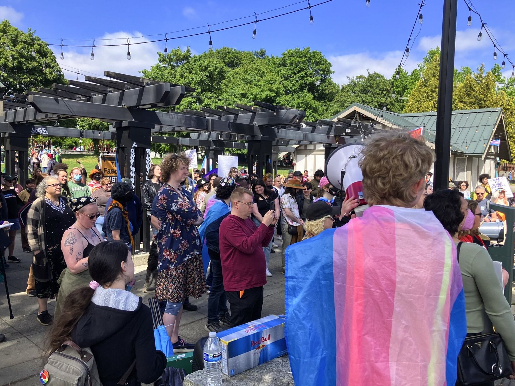 Supporters of trans rights rallied Saturday in Seattle’s Cal Anderson Park before marching to City Hall. (Daniel Beekman / The Seattle Times)