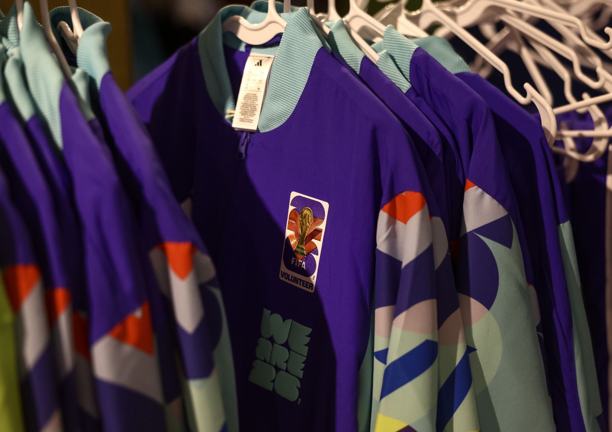 A World Cup volunteer jacket hangs on a hanger on May 20 in Seattle. (Nick Wagner / The Seattle Times)