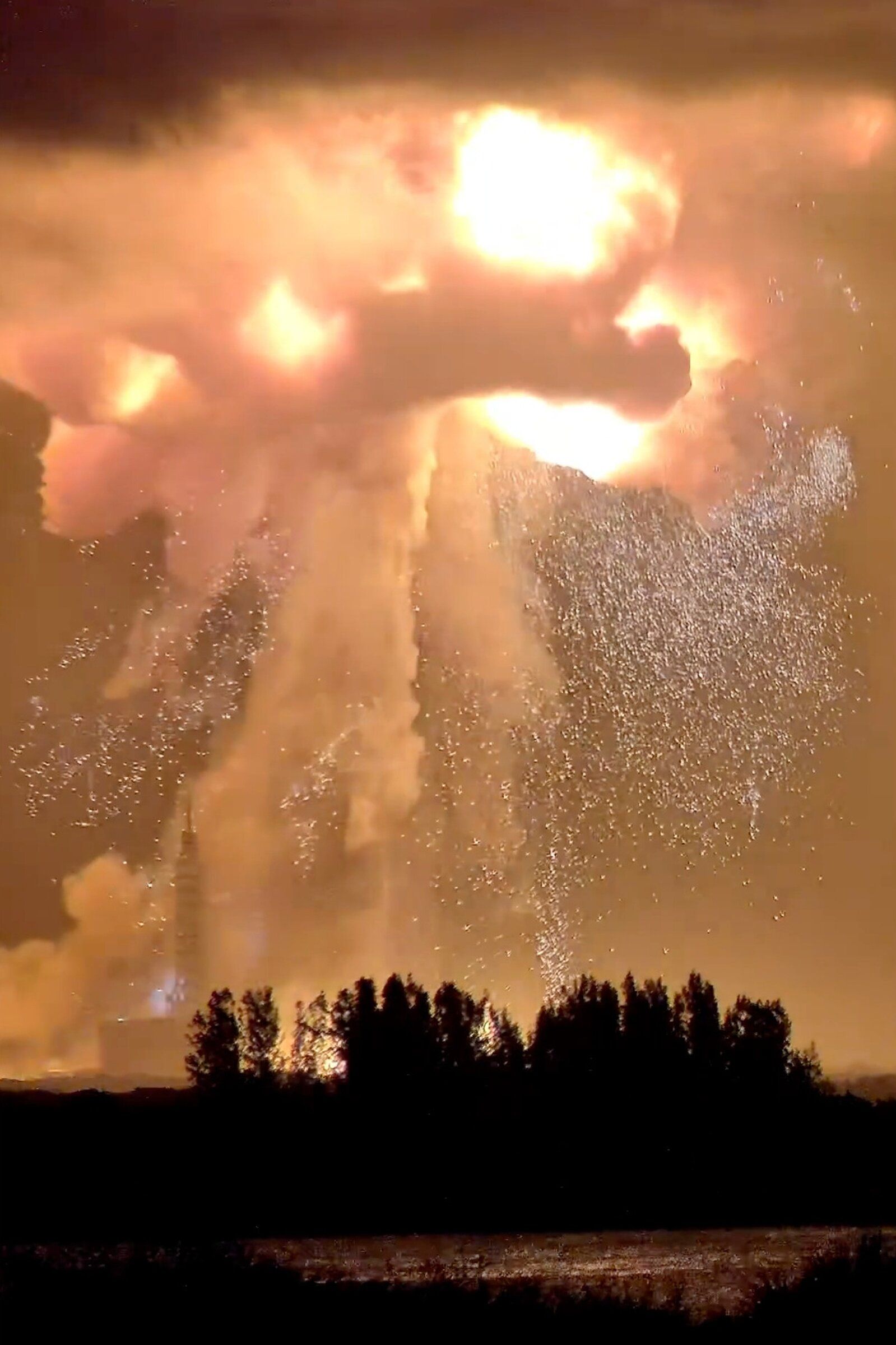 A Blue Origin New Glenn rocket explodes during an engine-firing test on Thursday in Cape Canaveral, Fla. It’s too soon to know what caused the explosion, and it will be some time before Blue Origin shares its findings. No injuries were reported. (@JConcilus / The Associated Press)