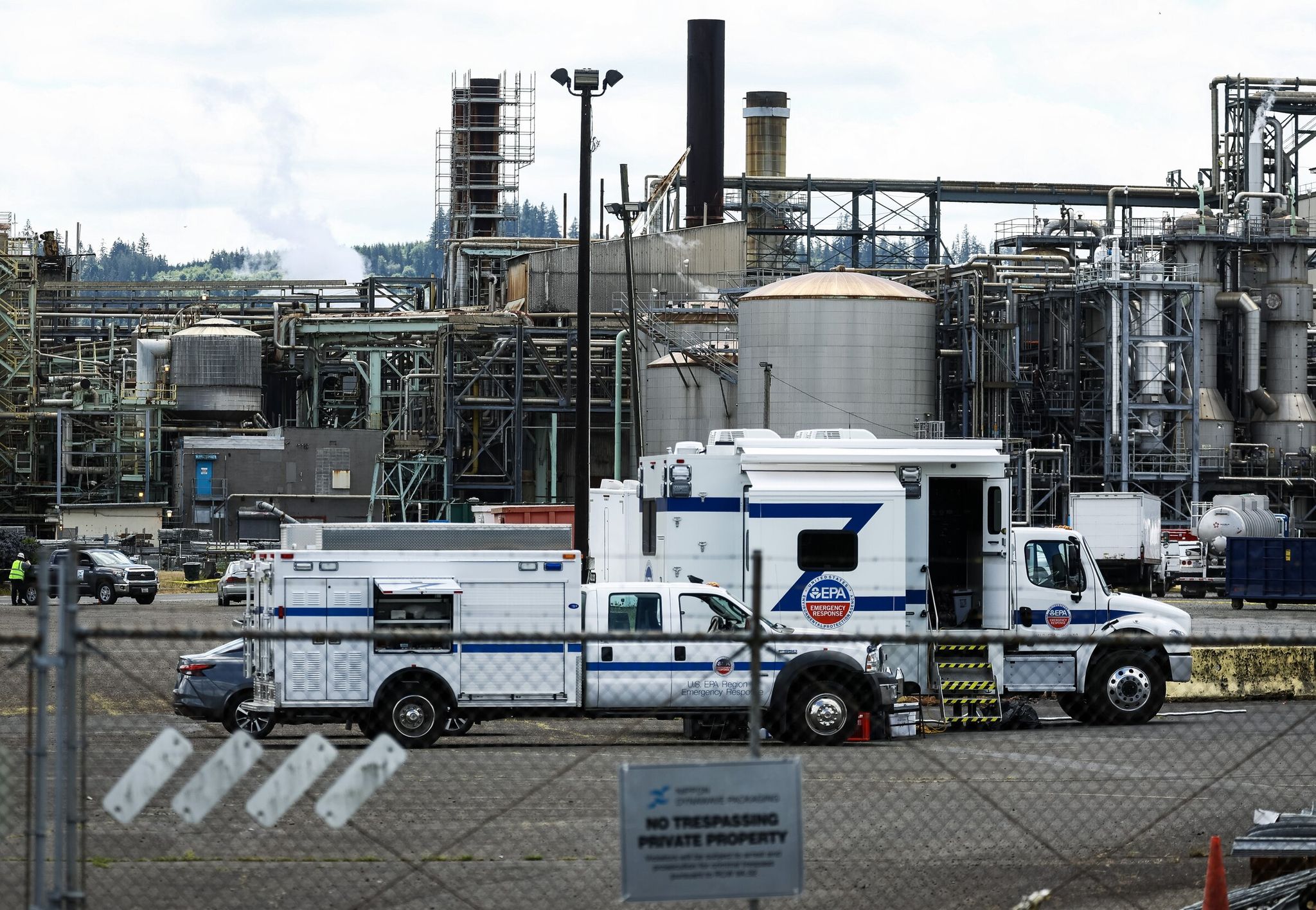 Crews continue work at the site of the deadly collapse at Nippon Dynawave Packaging Co. on Saturday in Longview. (Nick Wagner / The Seattle Times)