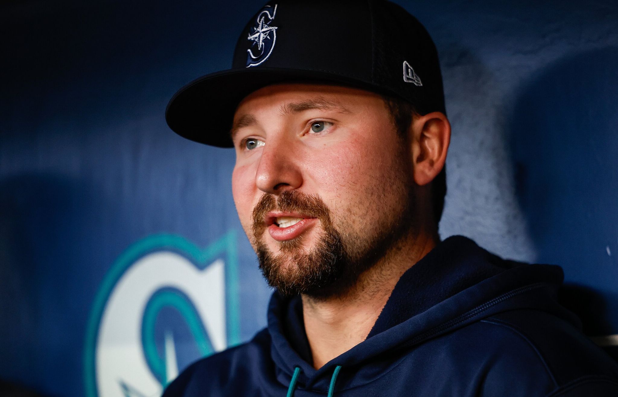 Mariners catcher Cal Raleigh talks with reporters about an oblique injury before the game against the San Diego Padres, Friday, May 15, 2026, at T‑Mobile Park. (Dean Rutz / The Seattle Times)