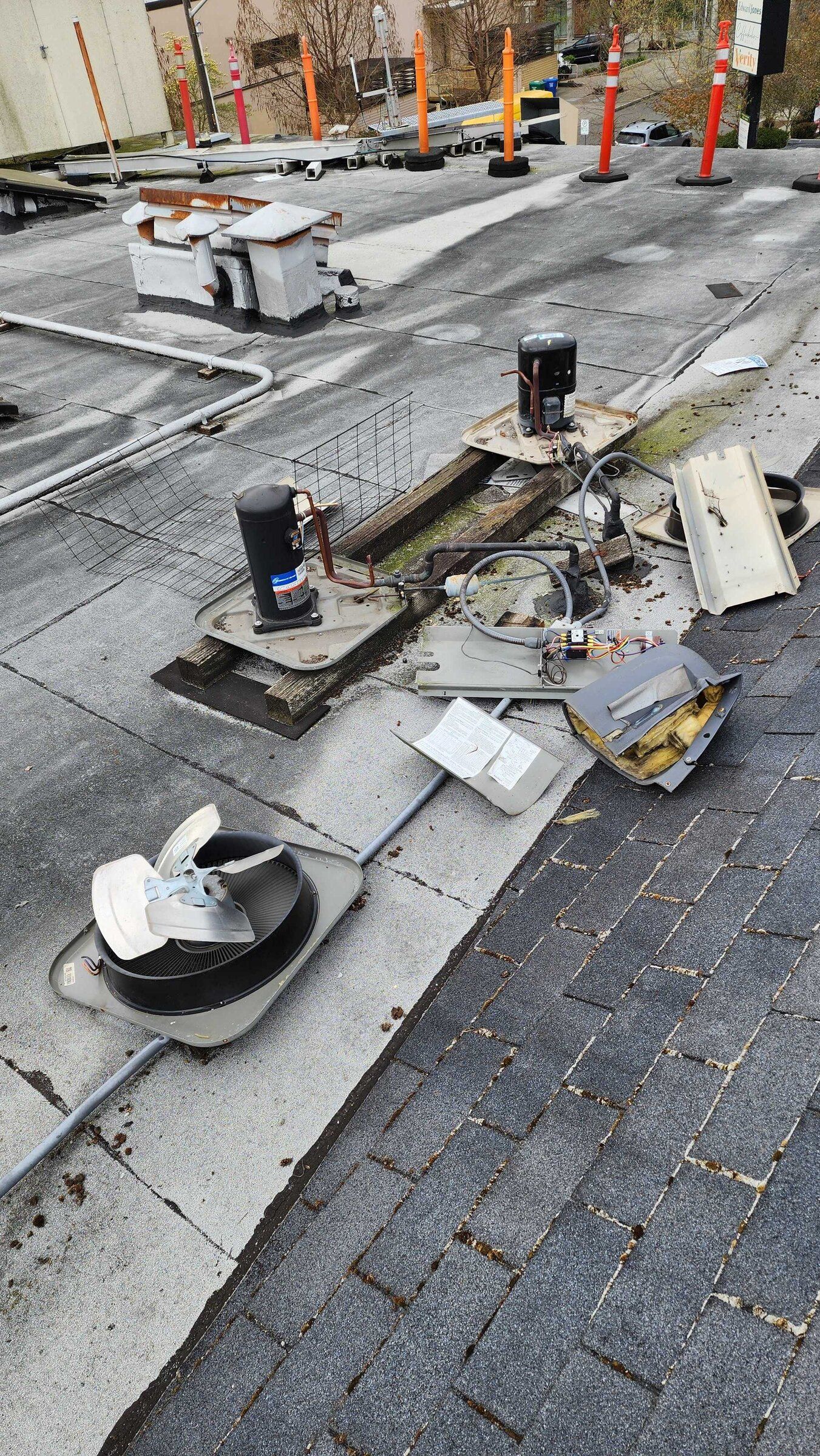 Broken air conditioners on Taproot Theatre’s roof. The theater discovered that someone scaled the building and stripped two of three air conditioners of copper wire on April 11, leaving the theater that is celebrating its 50th anniversary scrambling to raise $400,000 for an HVAC overhaul. (Courtesy of Taproot Theatre Company)