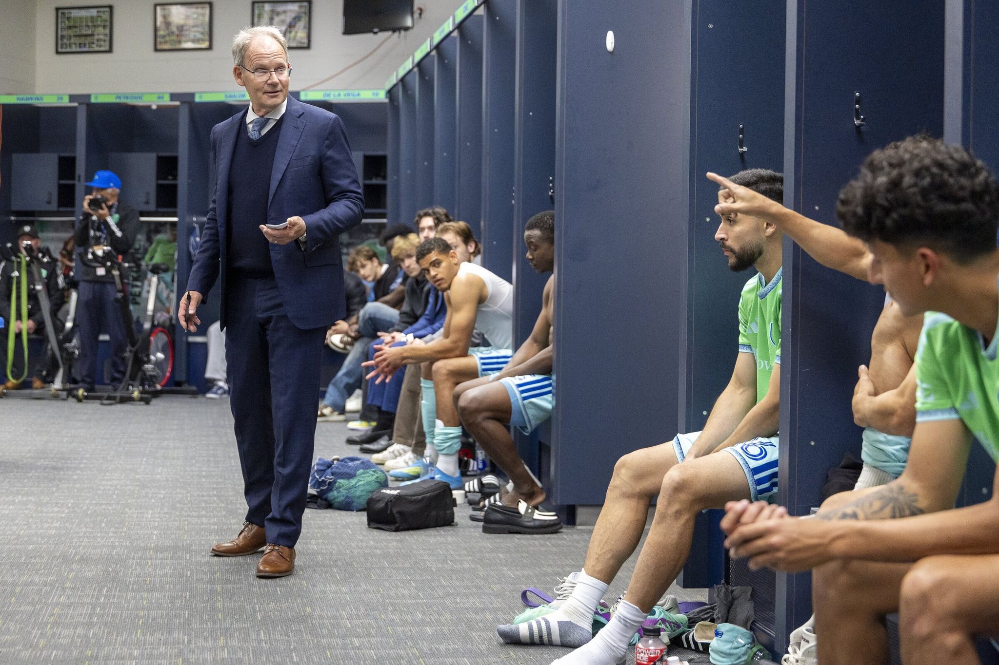 Brian Schmetzer gives a postgame speech after the 3-2 victory over the San Jose Earthquakes May 13 at Lumen Field. (Kevin Clark / The Seattle Times)