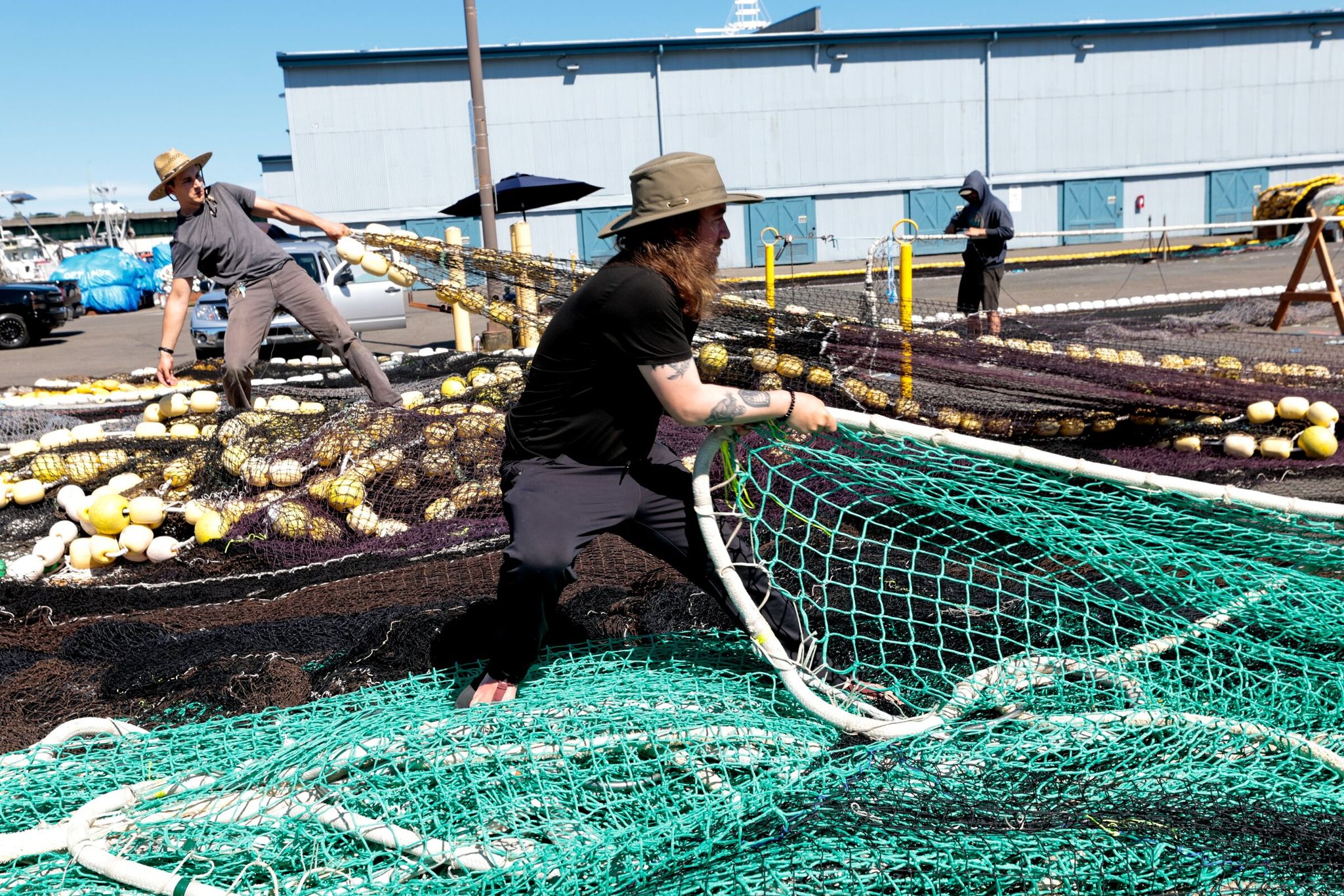 Fishermen Steven Clayton, left, from the F/V Adventurous, and Nate Leese, skipper on the F/V Polarland, hang a seine at Fishermen’s Terminal in Seattle on Tuesday. They are heading to Southeast Alaska to fish for pink and chum salmon. “It’s a down year,” said Leese, meaning the prediction for pink runs isn’t as strong as years past. However Leese said prices look better than expected. (Karen Ducey / The Seattle Times)