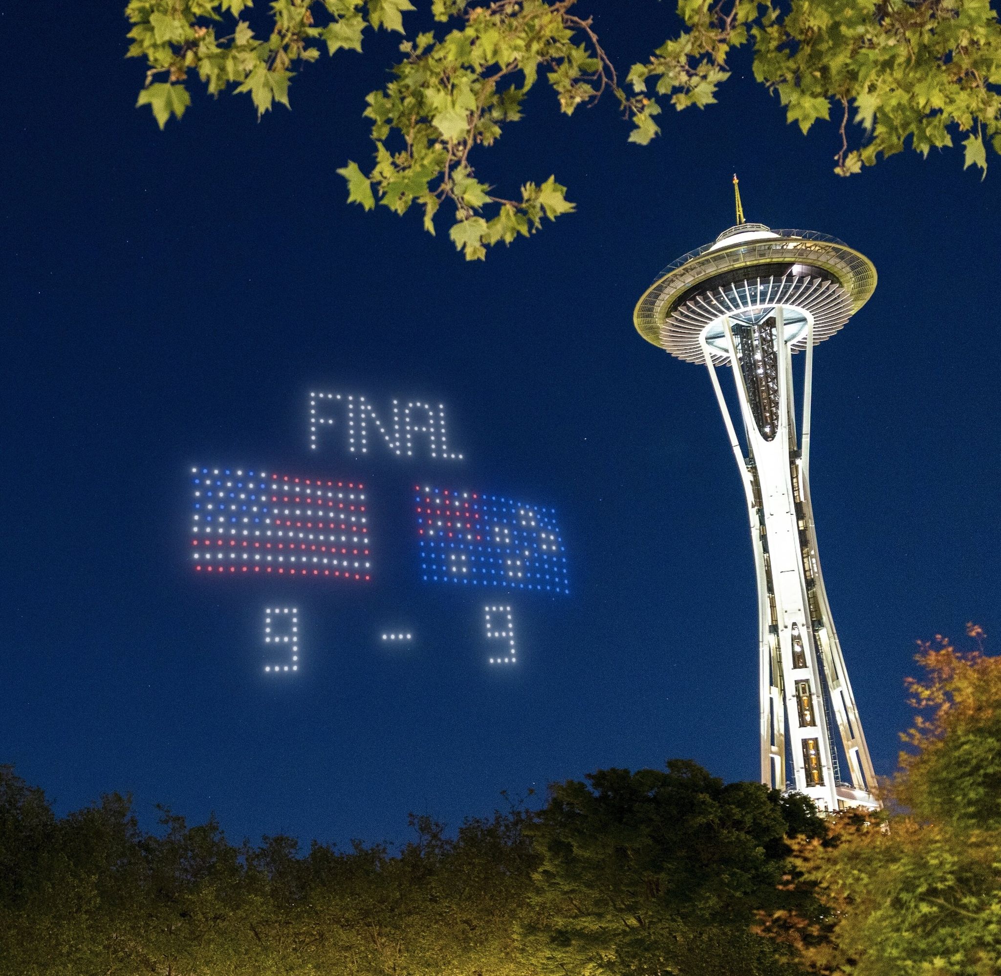 This rendering shows the digital scoreboard drones will create over the Seattle skyline during FIFA Men’s World Cup matches. (Courtesy of Visit Seattle)