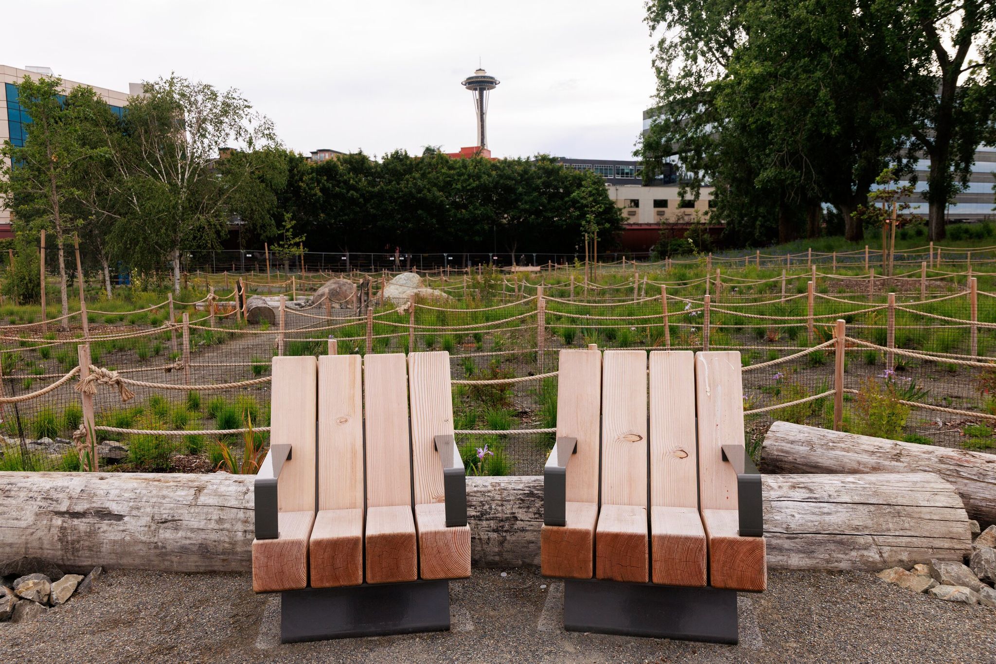 A variety of newly installed seating is arranged throughout the updated Myrtle Edwards and Centennial parks on Elliott Bay. (Erika Schultz / The Seattle Times)