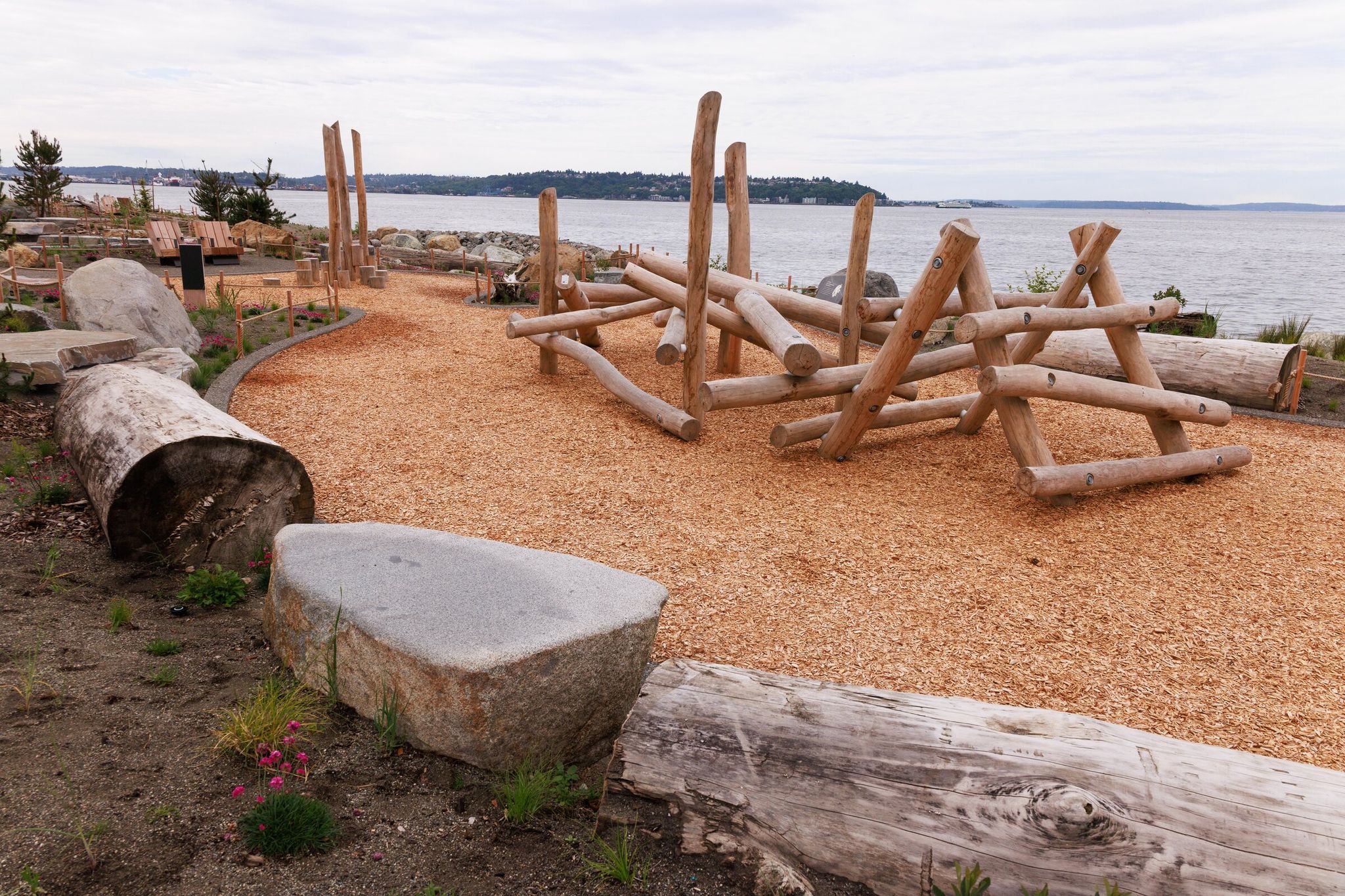 Exploratory play zones for children were built in the redesigned Myrtle Edwards and Centennial parks on Elliott Bay in Seattle. (Erika Schultz / The Seattle Times)