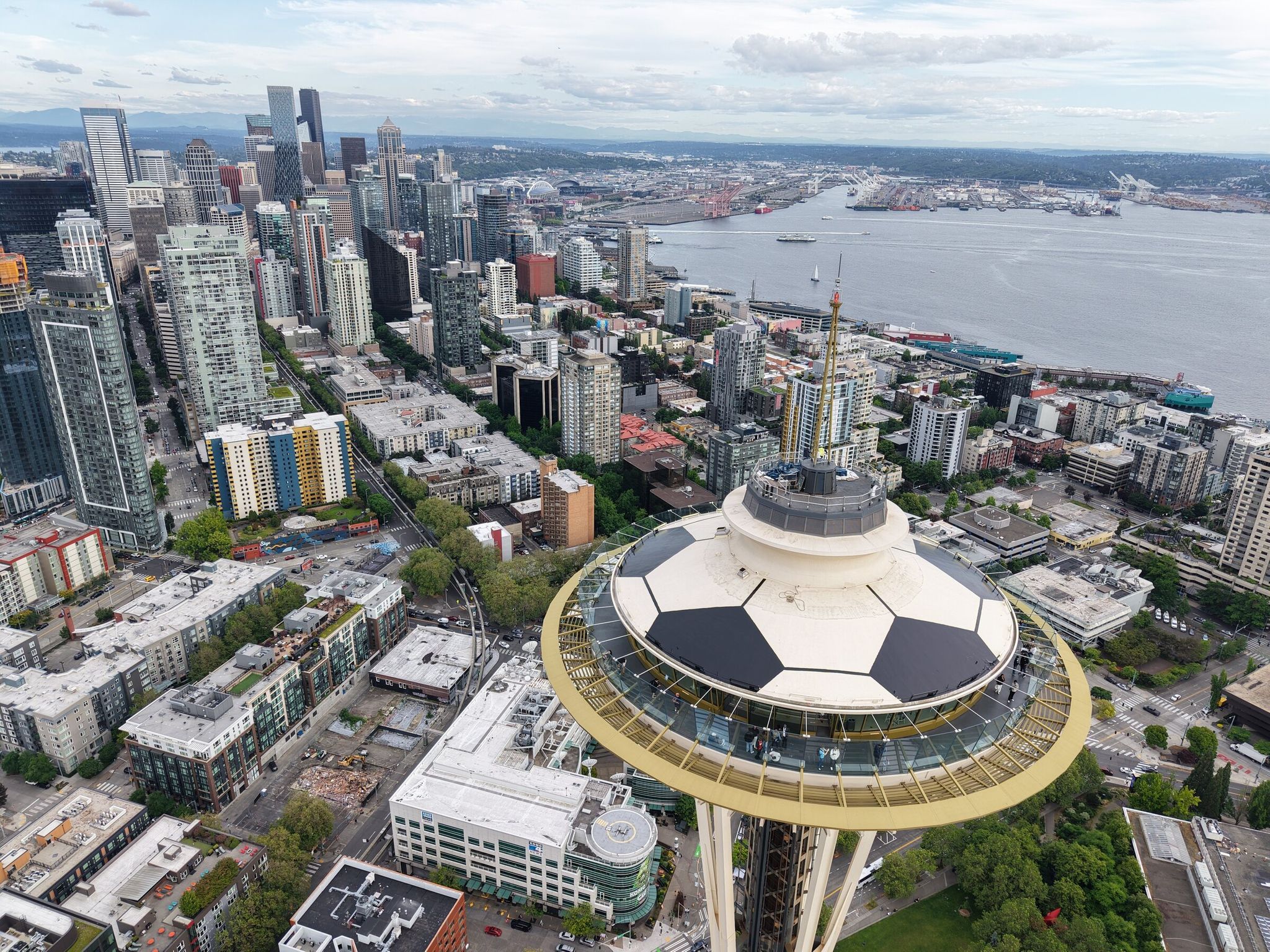 The Space Needle’s roof is painted like soccer ball ahead of the 2026 Men’s FIFA World Cup. (Courtesy of the Space Needle)