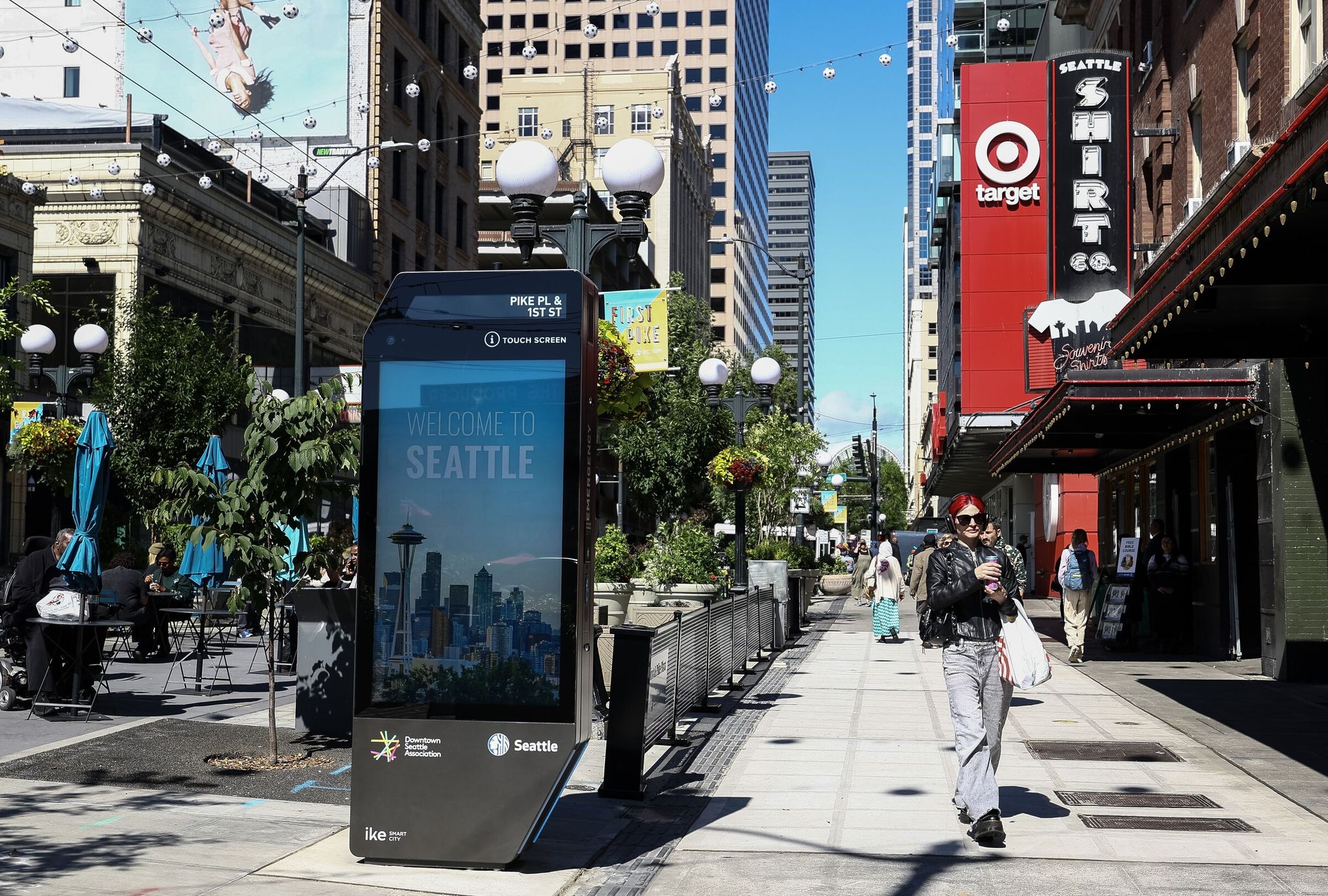 Newly installed IKE, or Interactive Kiosk Experience, near Pike Place Market on Tuesday, June 9, 2026, in Seattle. (Nick Wagner / The Seattle Times)