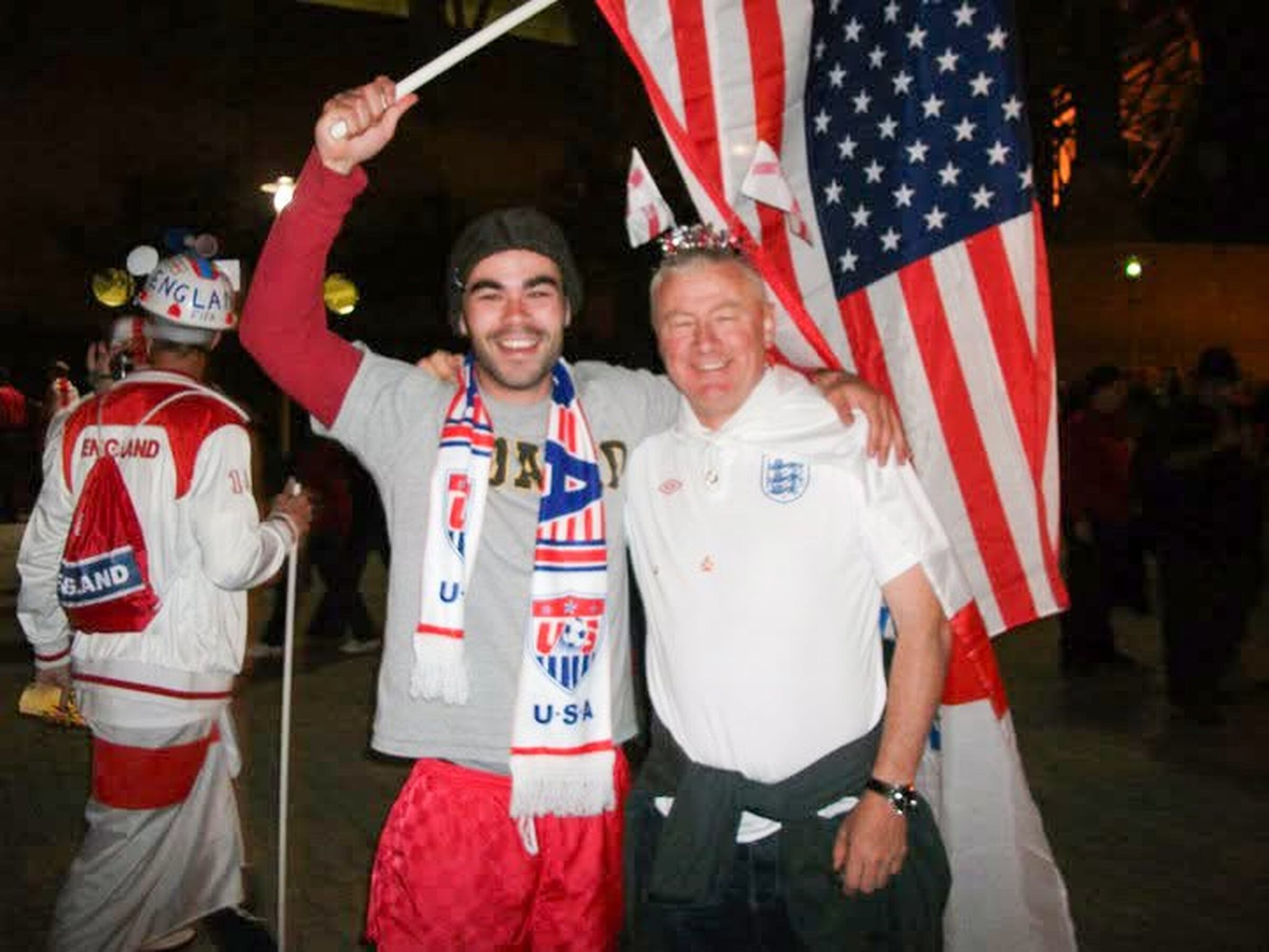 Sean Waite, a Seattle attorney, with an English fan he met at the 2010 World Cup in South Africa. The Englishman teased Waite about America’s 'football culture.' (Photo provided by Sean Waite)