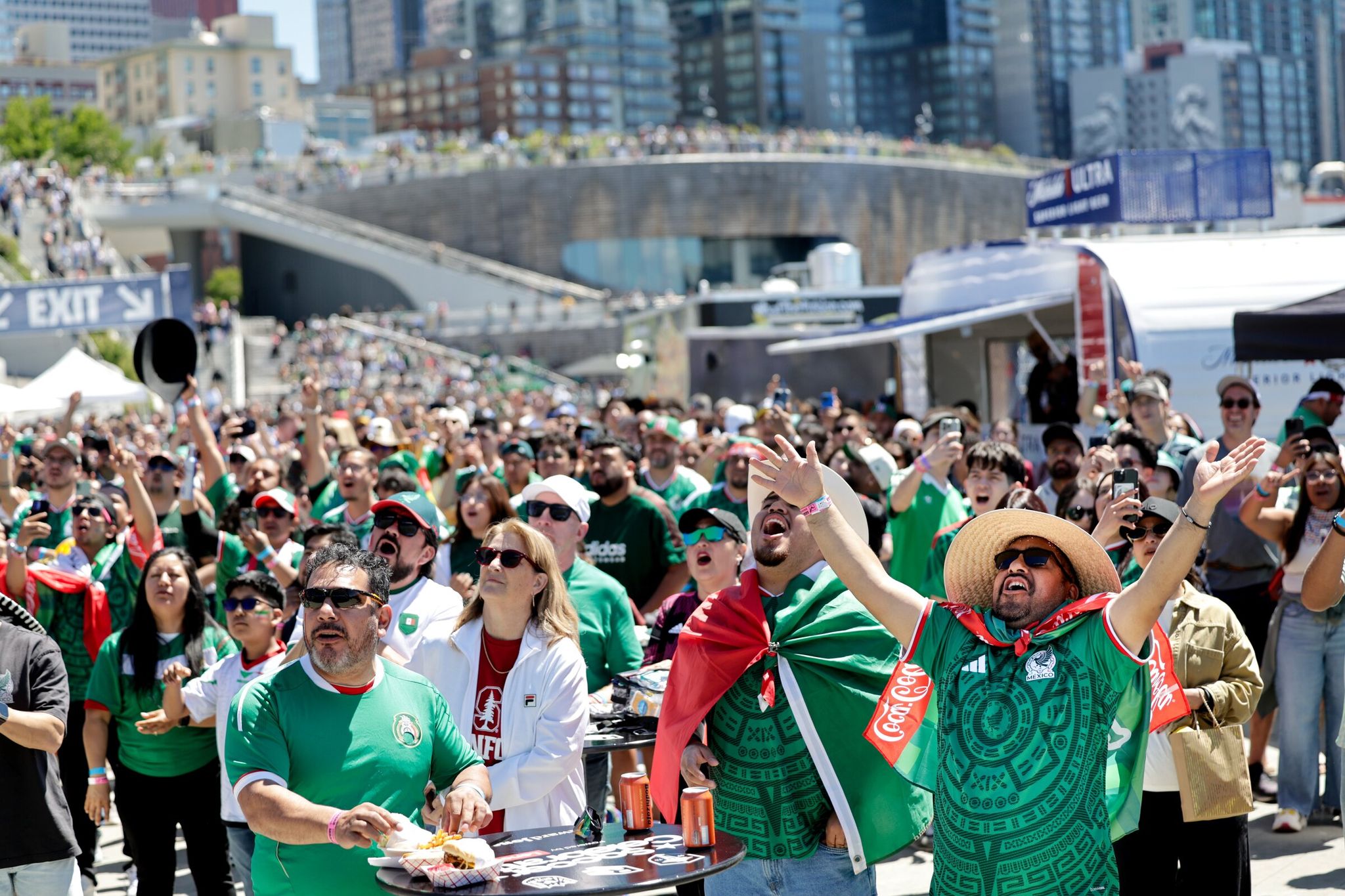 Before World Cup action even starts here, fans cheer during a Mexico-South Africa match watch party Thursday on Seattle’s Pier 62.  (Karen Ducey / The Seattle Times)