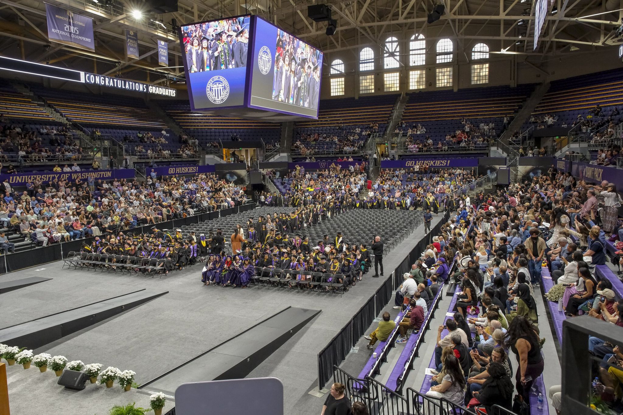 Graduates from the School of Social Work at the University of Washington enter Alaska Airlines Arena for commencement ceremonies on June 11. Rosalie Fish received her master’s degree that day and plans to continue pursuing support for Native communities in her work. (Dean Rutz / The Seattle Times)