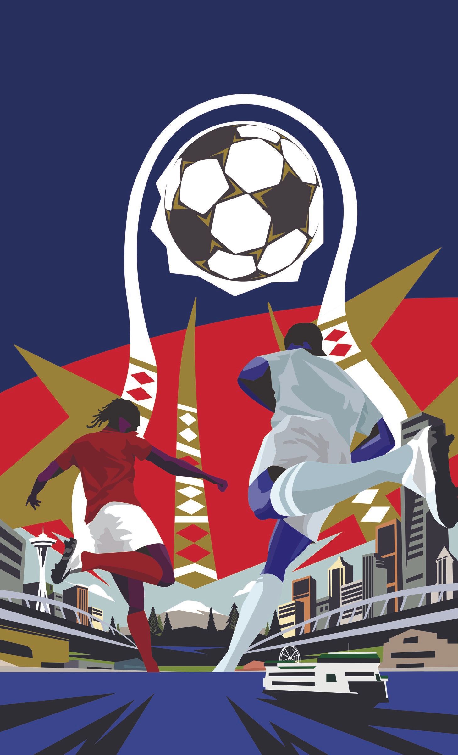 Winning design by Damon Brown depicts two young soccer players running toward the Seattle skyline. (Damon Brown)