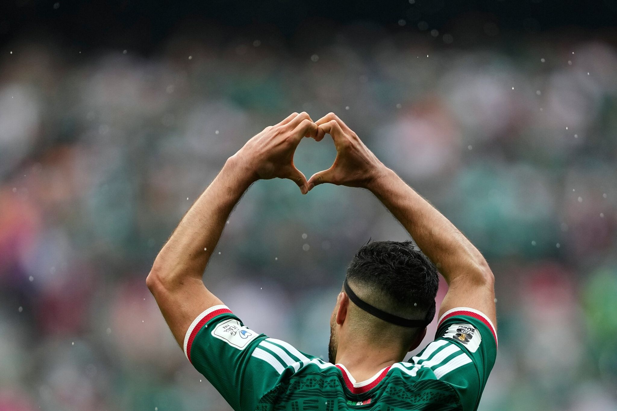 Raúl Jiménez of Mexico celebrates his team’s second goal on Thursday against South Africa. (Natacha Pisarenko / The Associated Press)