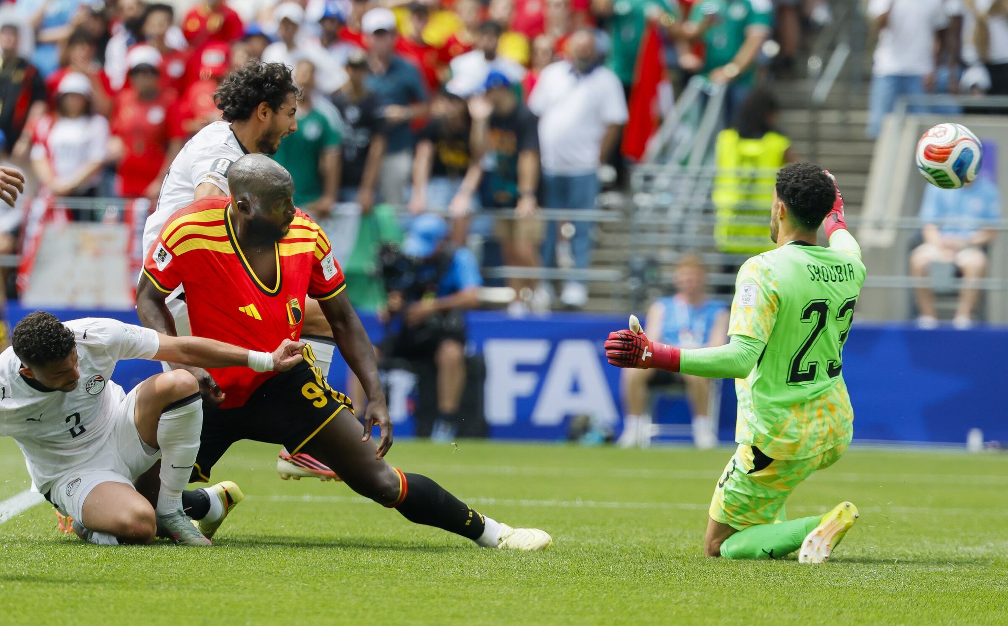 Belgium forward Romelu Lukaku (9) scores against Egypt in the second half of the Group G World Cup match on Monday, June 15, 2026, in Seattle. (Jennifer Buchanan / The Seattle Times)