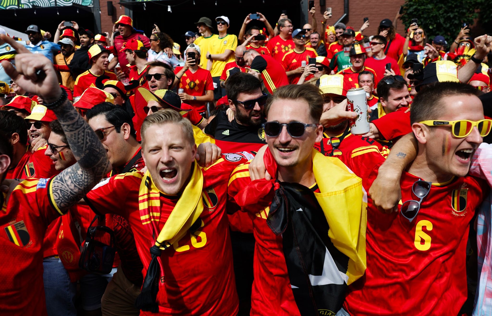 Belgium fans gather at Victory Hall near Lumen Field before the FIFA Men's World Cup match Belgium vs. Egypt in Seattle on Monday, June 15, 2026. (Karen Ducey / The Seattle Times)