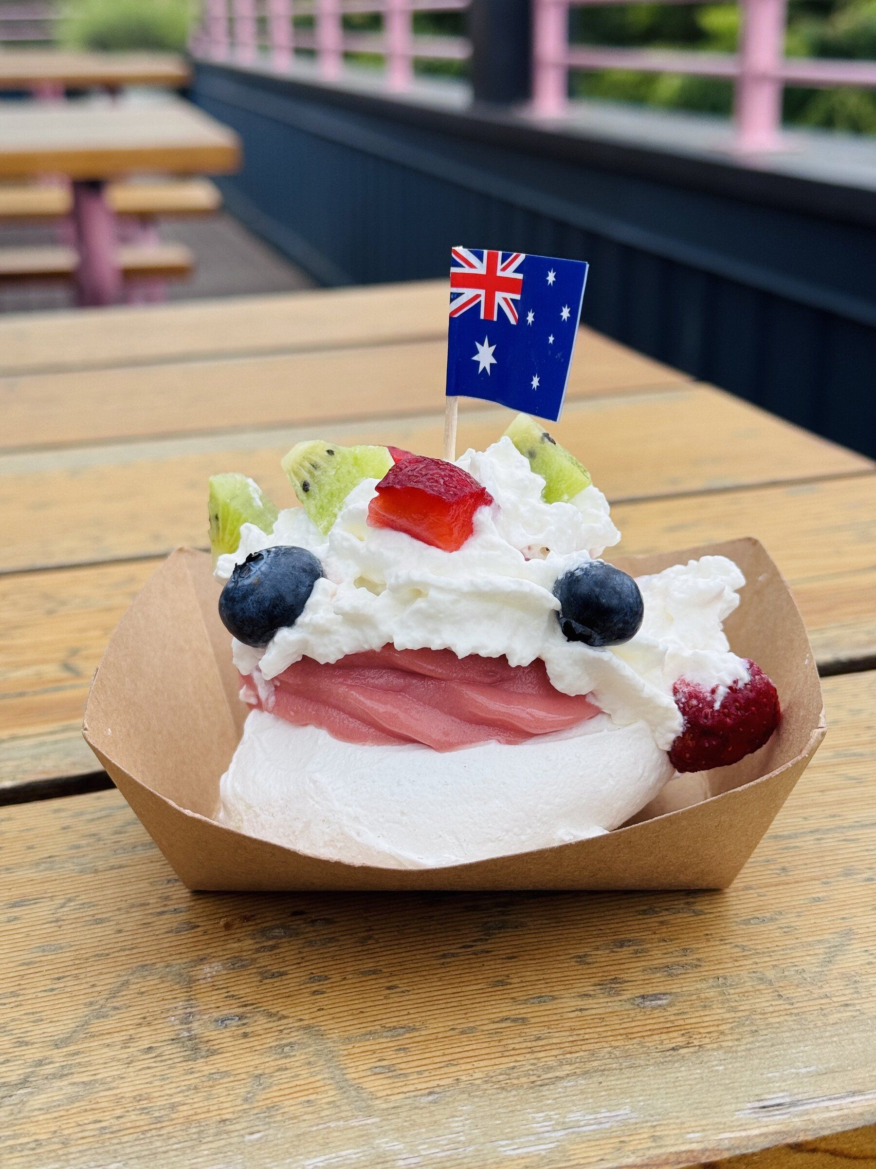 The Flora Bakehouse’s Bluey’s Pavlova sundae — inspired by Australia — is a strawberry soft-serve with meringue and whipped cream topped with kiwi and berries. (Bernadette Biela)