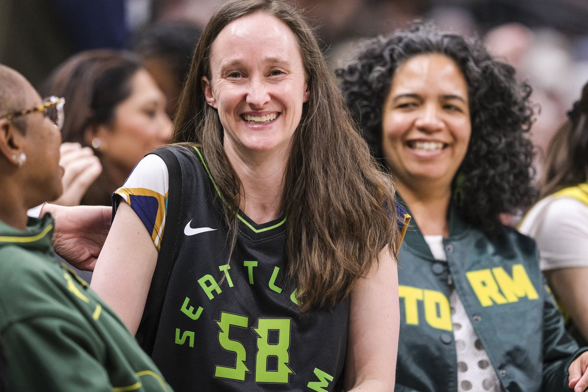 Seattle Mayor Katie Wilson attends the WNBA Storm season opener against the Golden State Valkyries at Climate Pledge Arena on May 8. (Dean Rutz / The Seattle Times)