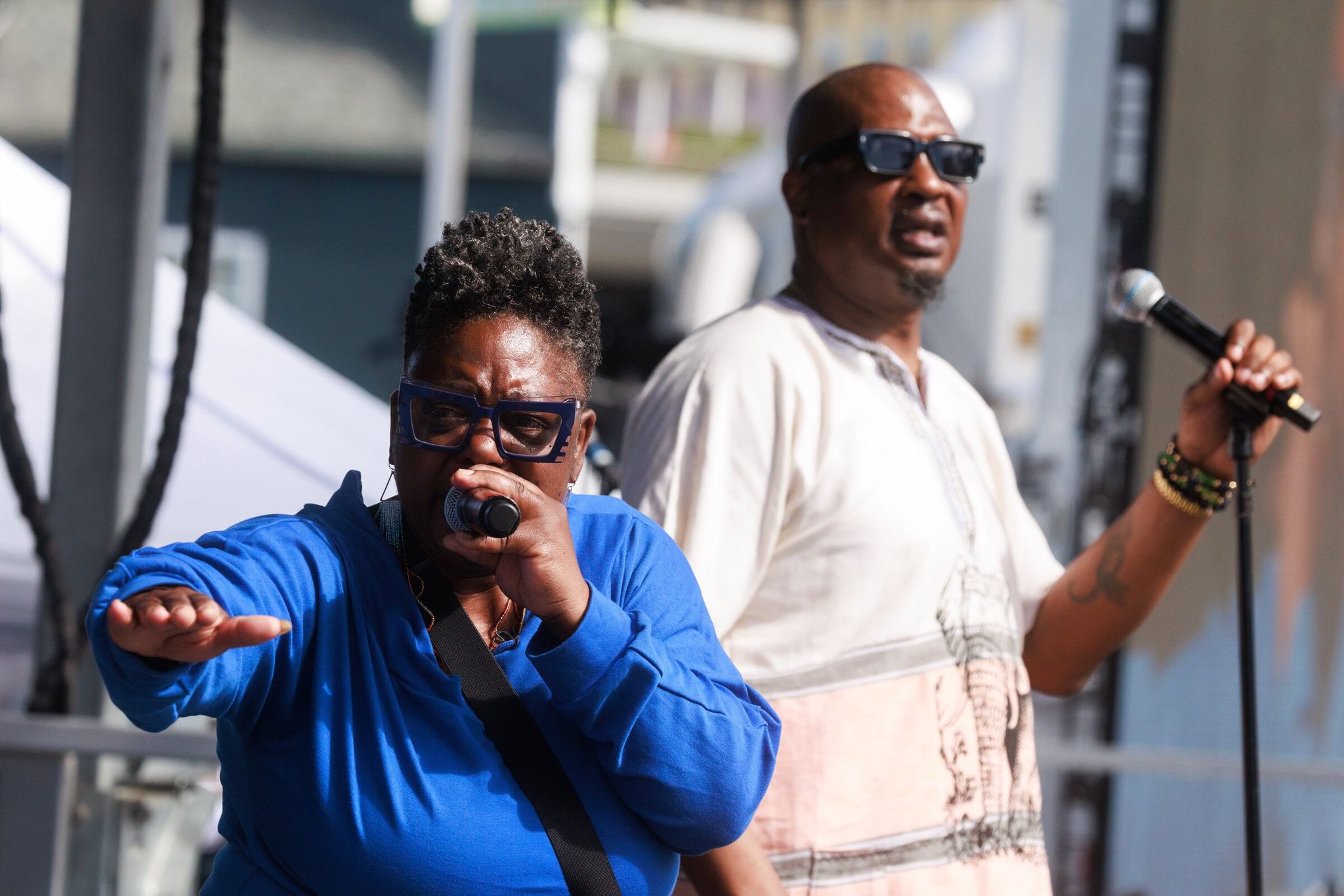 Black Stax — a Seattle hip-hop and soul group — performs at a Juneteenth celebration at Pier 58 before the U.S. vs. Australia match in Seattle. (Erika Schultz / The Seattle Times)