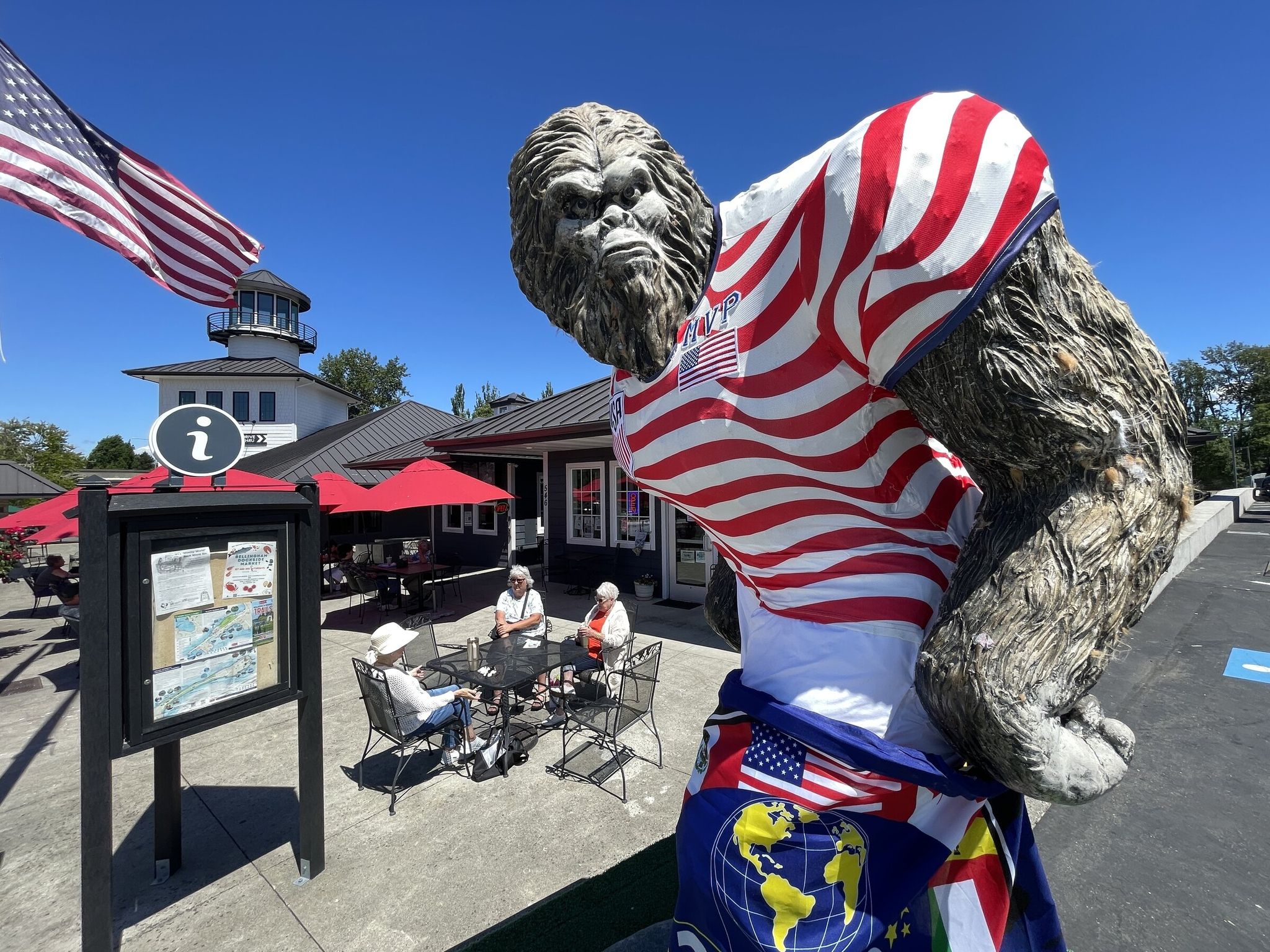 A Sasquatch statue, which has been dressed in the past as Cupid, is now wearing a U.S.A. FIFA World Cup jersey, Tuesday, June 16, 2026, in Blaine, Wash. (Ken Lambert / The Seattle Times)