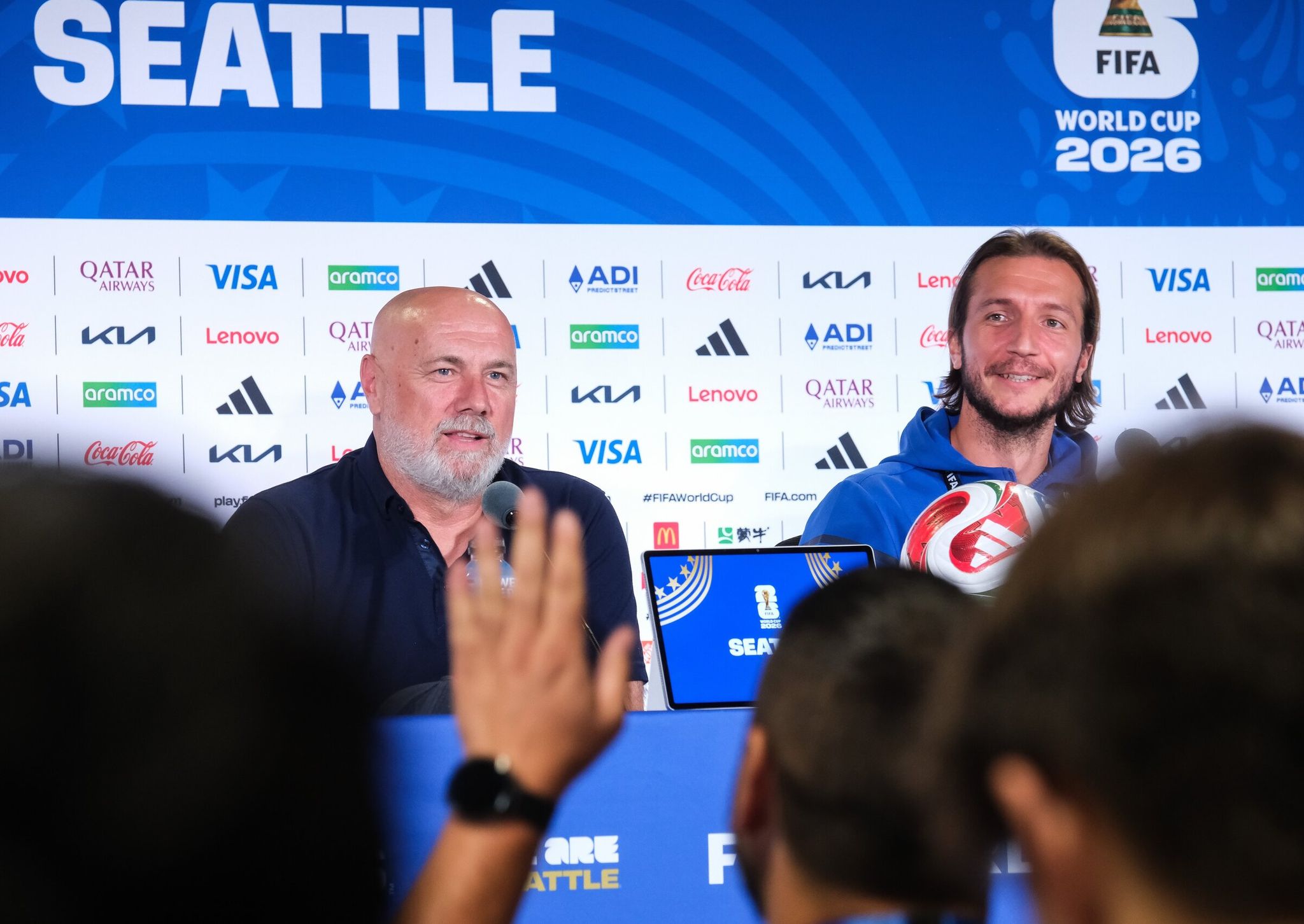 Bosnia midfielder Ivan Šunjić and coach Sergej Barbarez met with reporters at Seattle Stadium on Tuesday ahead of the World Cup match against Qatar. Dean Rutz / The Seattle Times)