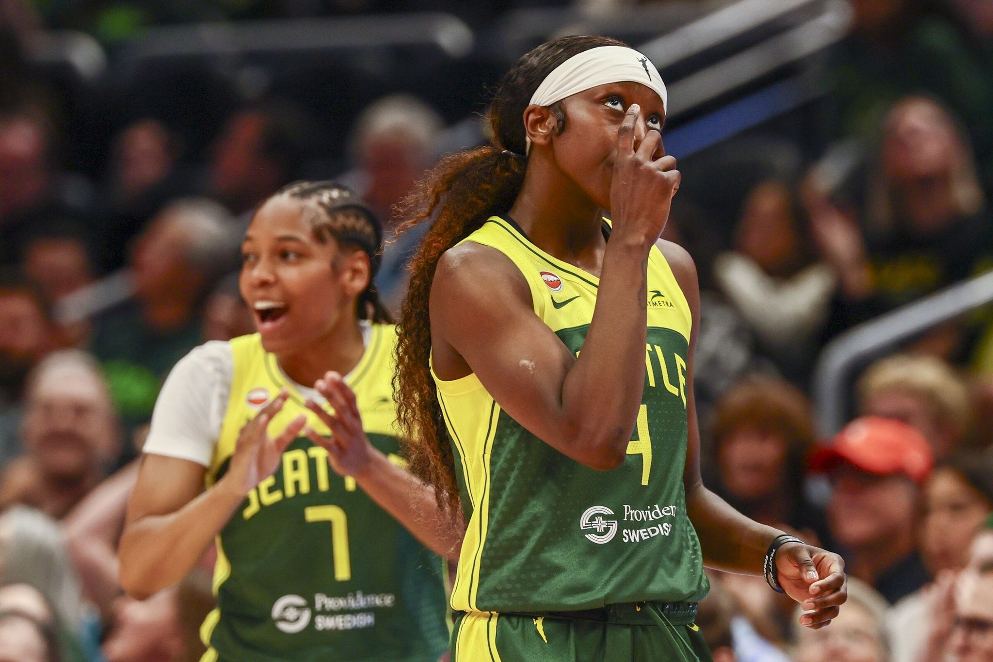 Seattle Storm guard Flau’jae Johnson celebrates a basket late in the second quarter Thursday, June 25, 2026 in Seattle. (Kevin Clark / The Seattle Times)