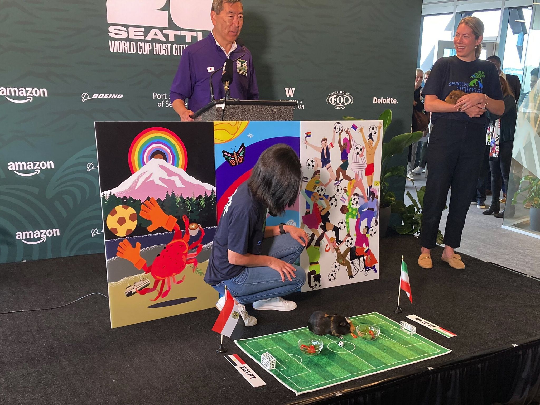 Tom the guinea pig picks Iran to beat Egypt in Friday’s FIFA World Cup group stage match during a news conference Thursday in Seattle. (Jayda Evans / The Seattle Times)