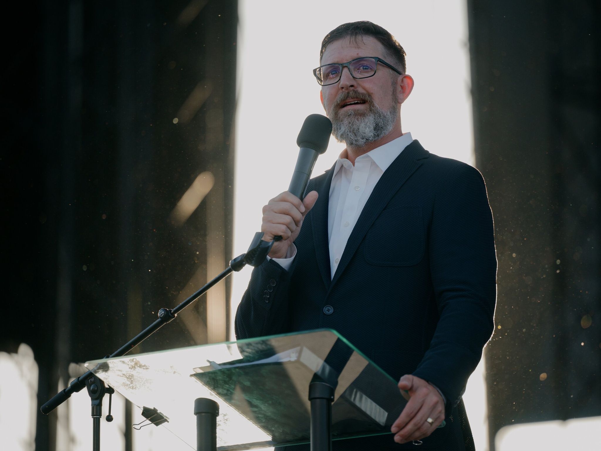 Pastor Josh McPherson, leader of the large Grace City church congregation, which helped launch Freedom Con under the male ministry Stronger Man Nation, speaks during the two-day event on June 20. (Grant Hindsley / The New York Times)