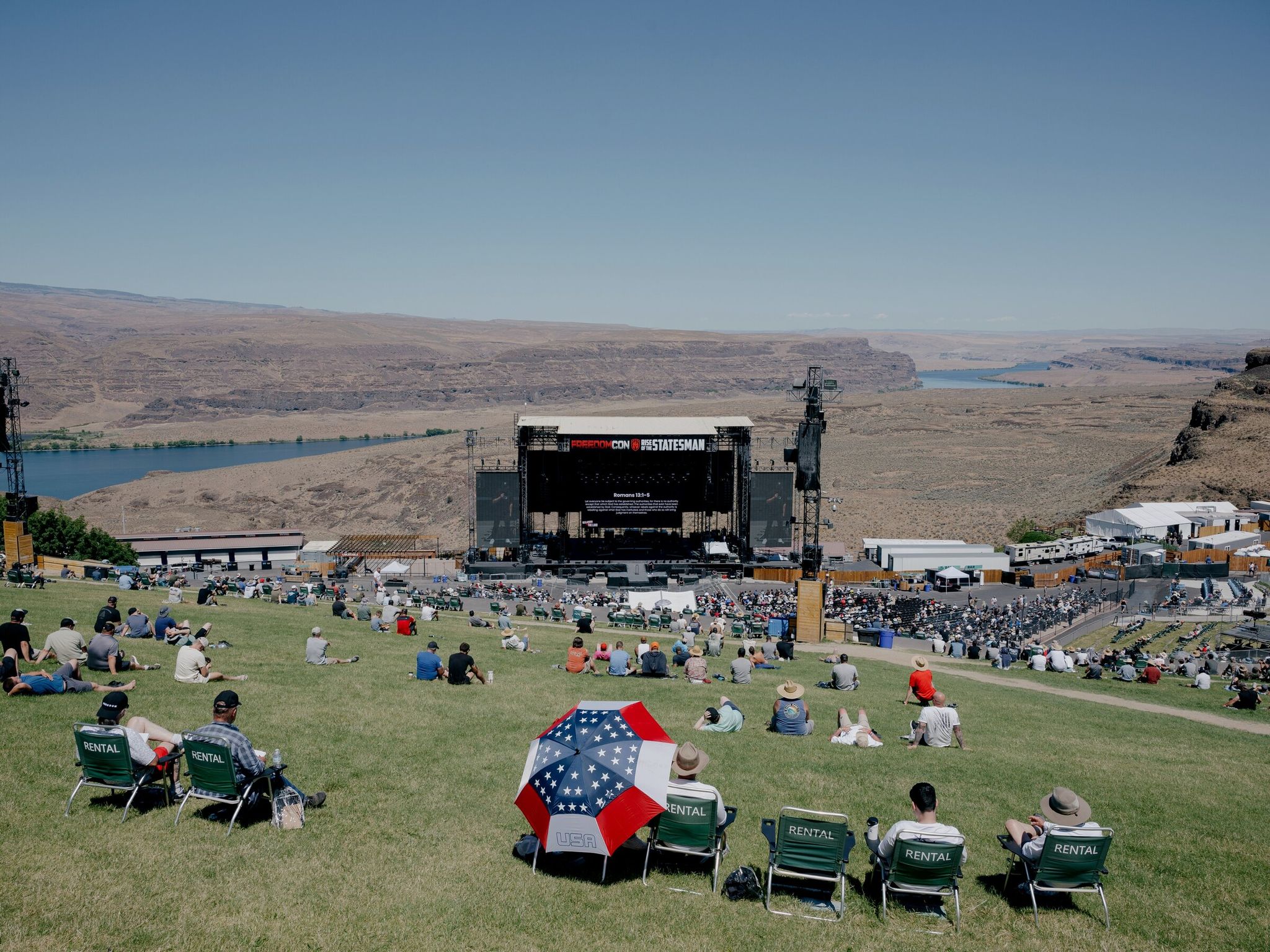 Men at Freedom Con, where they listened to sermons and other speeches held on Father’s Day over the weekend, June 20, at the Gorge Amphitheatre. (Grant Hindsley / The New York Times)