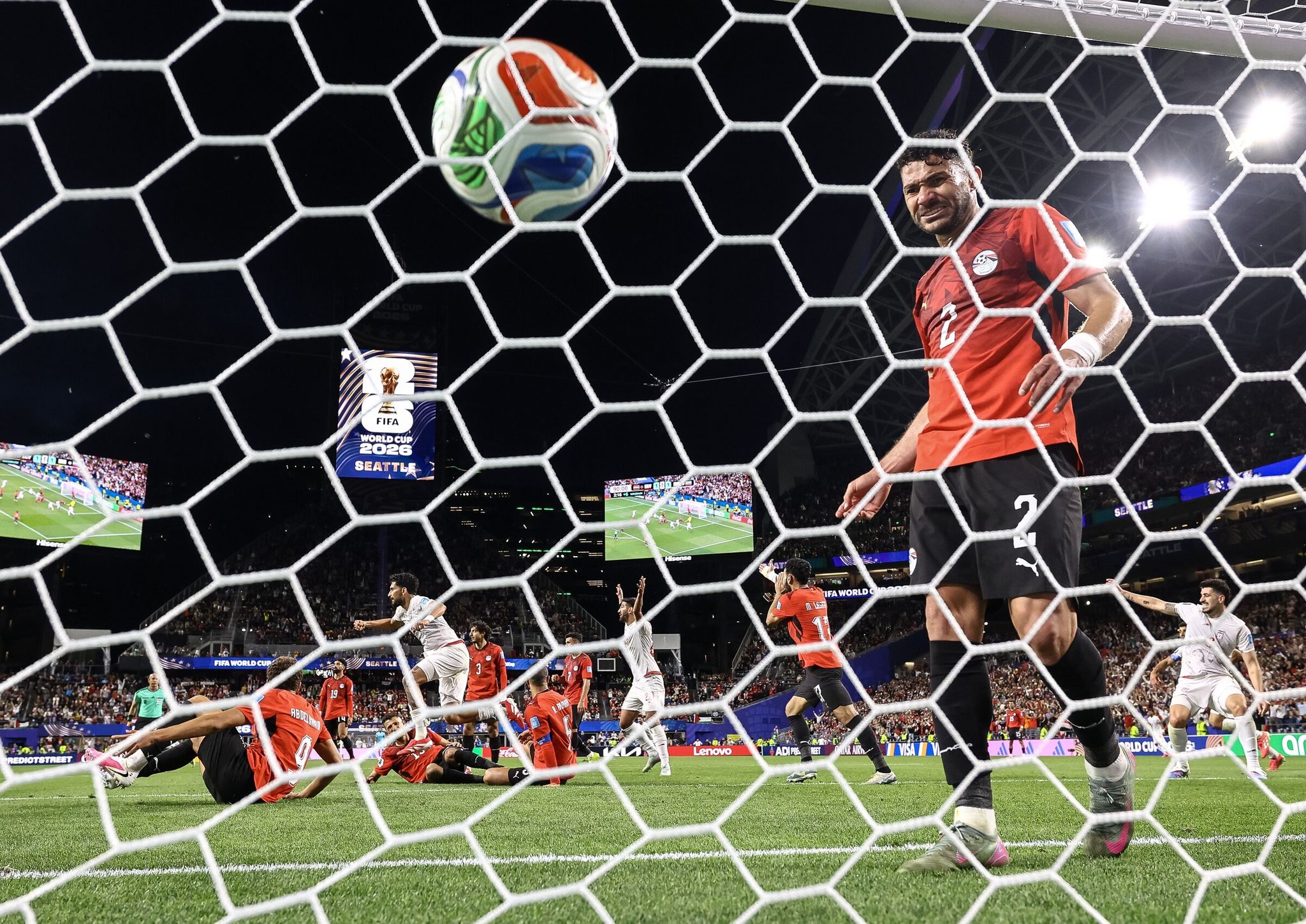 Egypt defender Yasser Ibrahim reacts after Iran appeared to score the go-ahead goal in the final moments of added time of the group-stage match of the FIFA World Cup in Group G on Friday in Seattle. The goal was later overturned after a video review showed Iran was offside. (Nick Wagner / The Seattle Times)