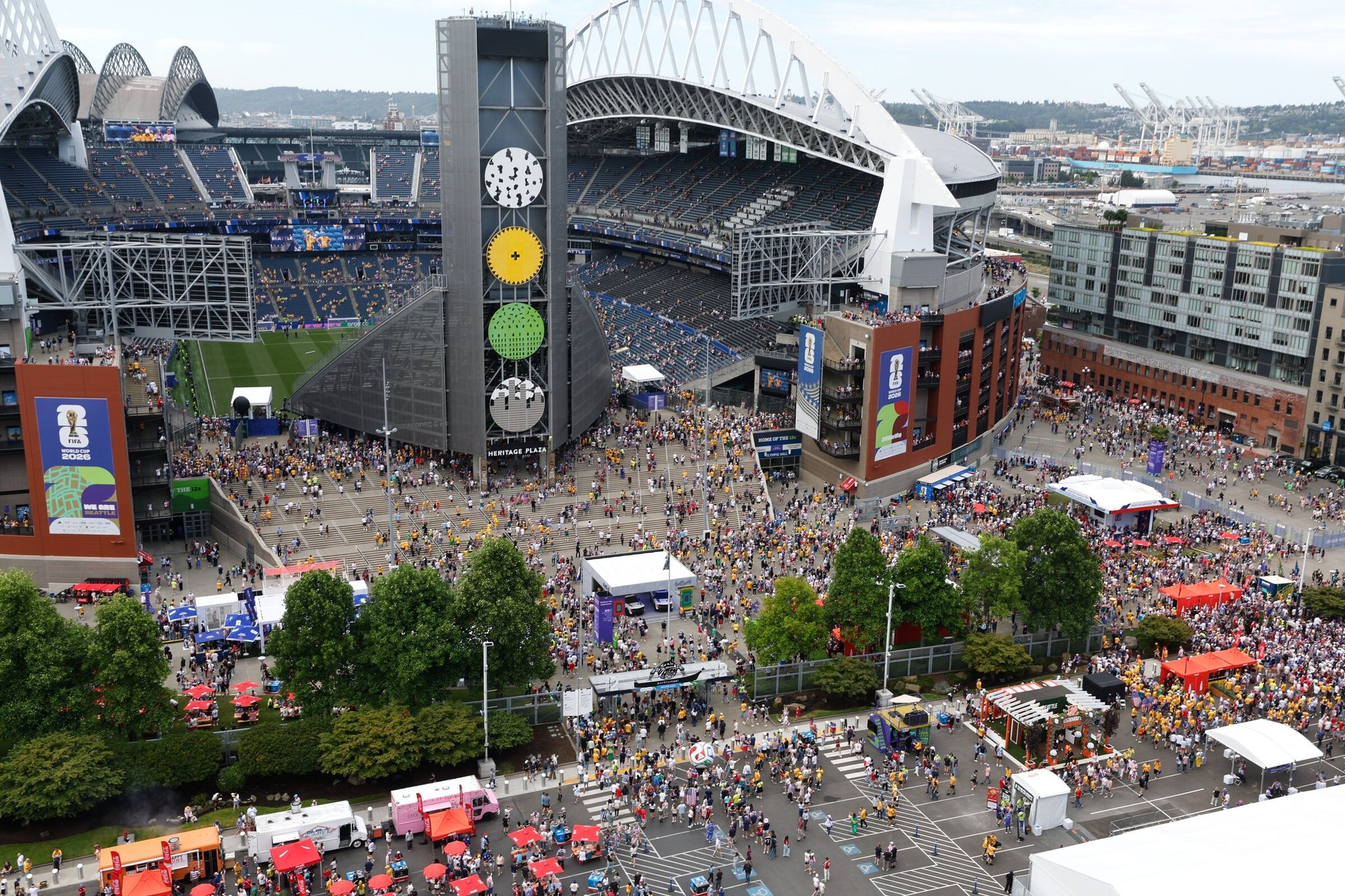 Fans head into the Seattle Stadium prior to the FIFA Men’s World Cup, the United States vs. Australia match in Seattle on Friday, June 19, 2026. (Karen Ducey / The Seattle Times)