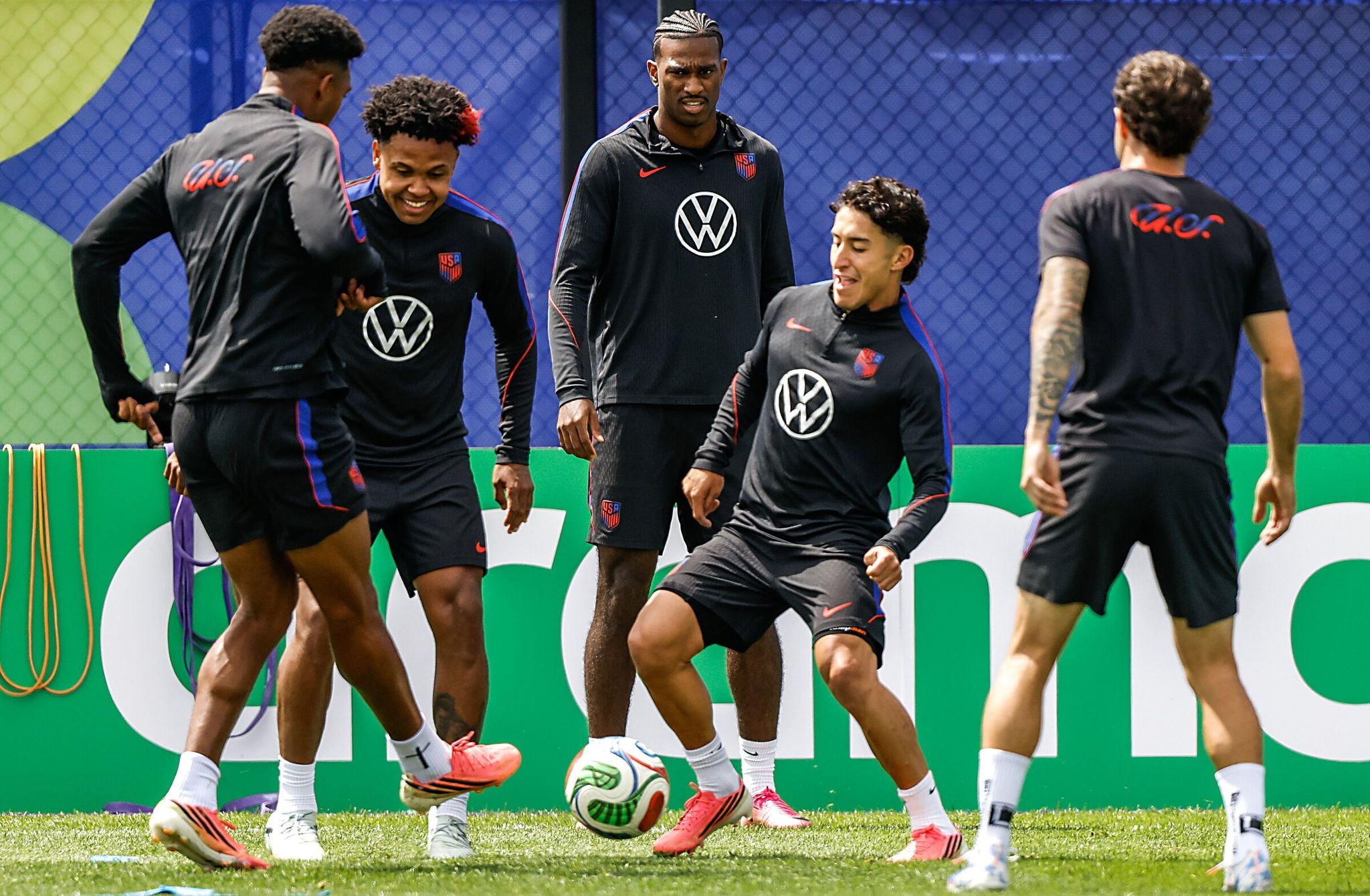 Players loosen up during a training session for the U.S. men's national soccer team at Husky Soccer Stadium on Friday, preparing for their World Cup match. (Andrew Berk-Stevenson / The Seattle Times)