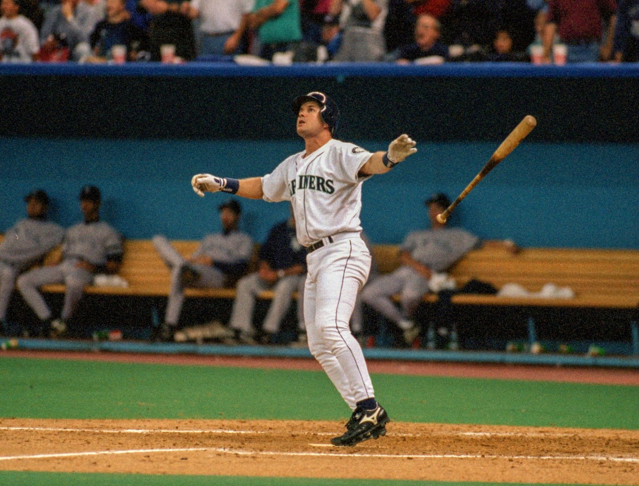 A powerful Mariners hitter, Edgar Martinez, watches a three-run home run against the Yankees in Game 4 of the 1995 series. (Rod Marr / The Seattle Times)