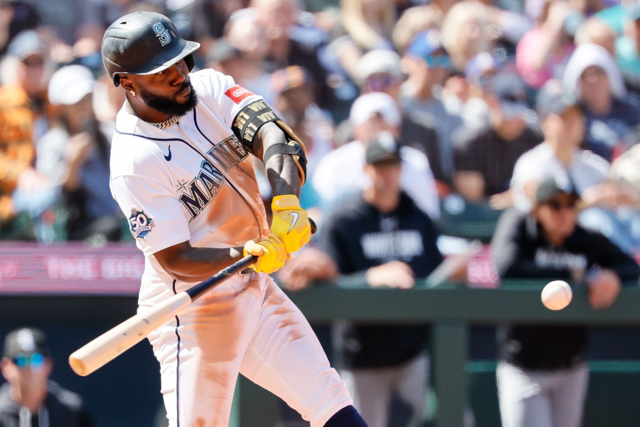 Seattle Mariners left fielder Randy Arozarena hits a two-run home run during the seventh inning Wednesday, May 20, 2026 in Seattle. (Jennifer Buchanan / The Seattle Times)