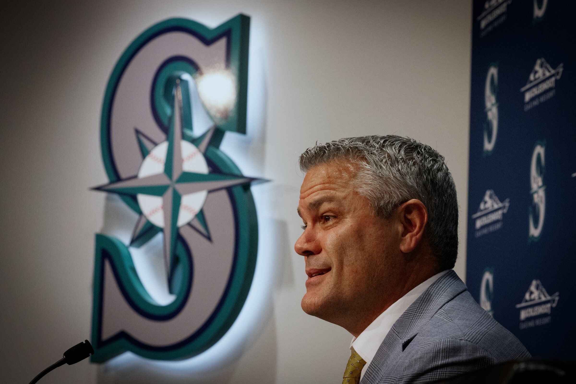 Mariners Vice President of Amateur Scouting Scott Hunter speaks with reporters after the team selects left-handed pitcher Kade Anderson out of LSU with the third overall pick in the 2025 MLB First-Year Player Draft, inside the draft room at T-Mobile Park, Sunday, July 13, 2025, in Seattle. (Ken Lambert / The Seattle Times)